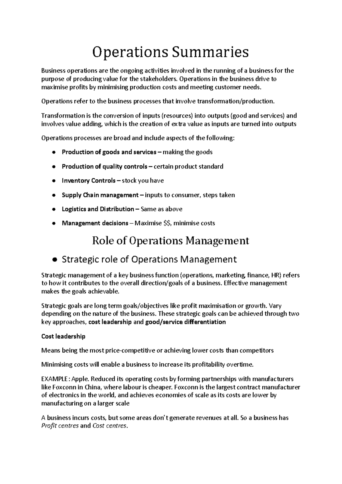 Operations Summarised Study Notes - Operations Summaries Business ...