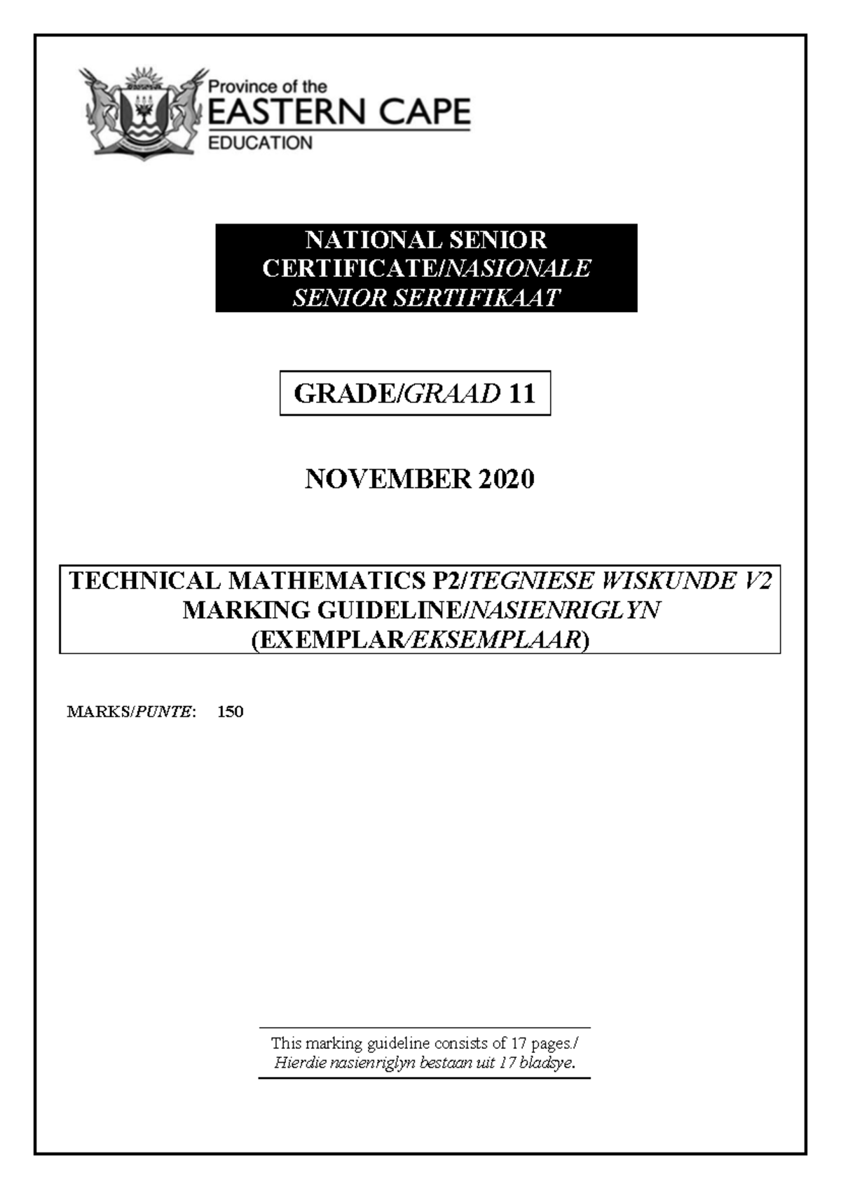 TECH Maths P2 Marking Guidelines NOV2020 - Grade 11 - Studocu