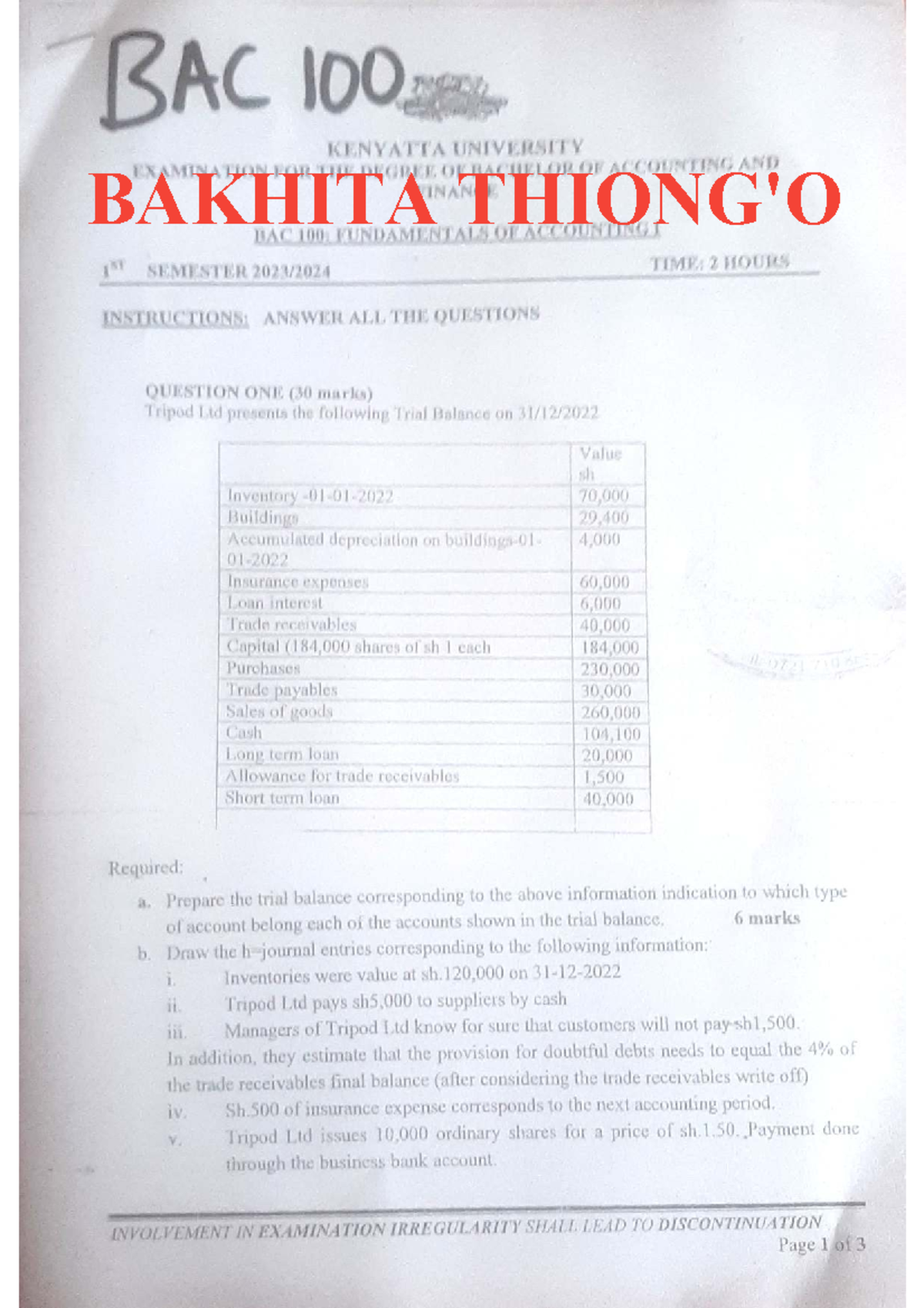 BAC 100 Final Exam: Trial Balance and Journal Entries Analysis - Studocu