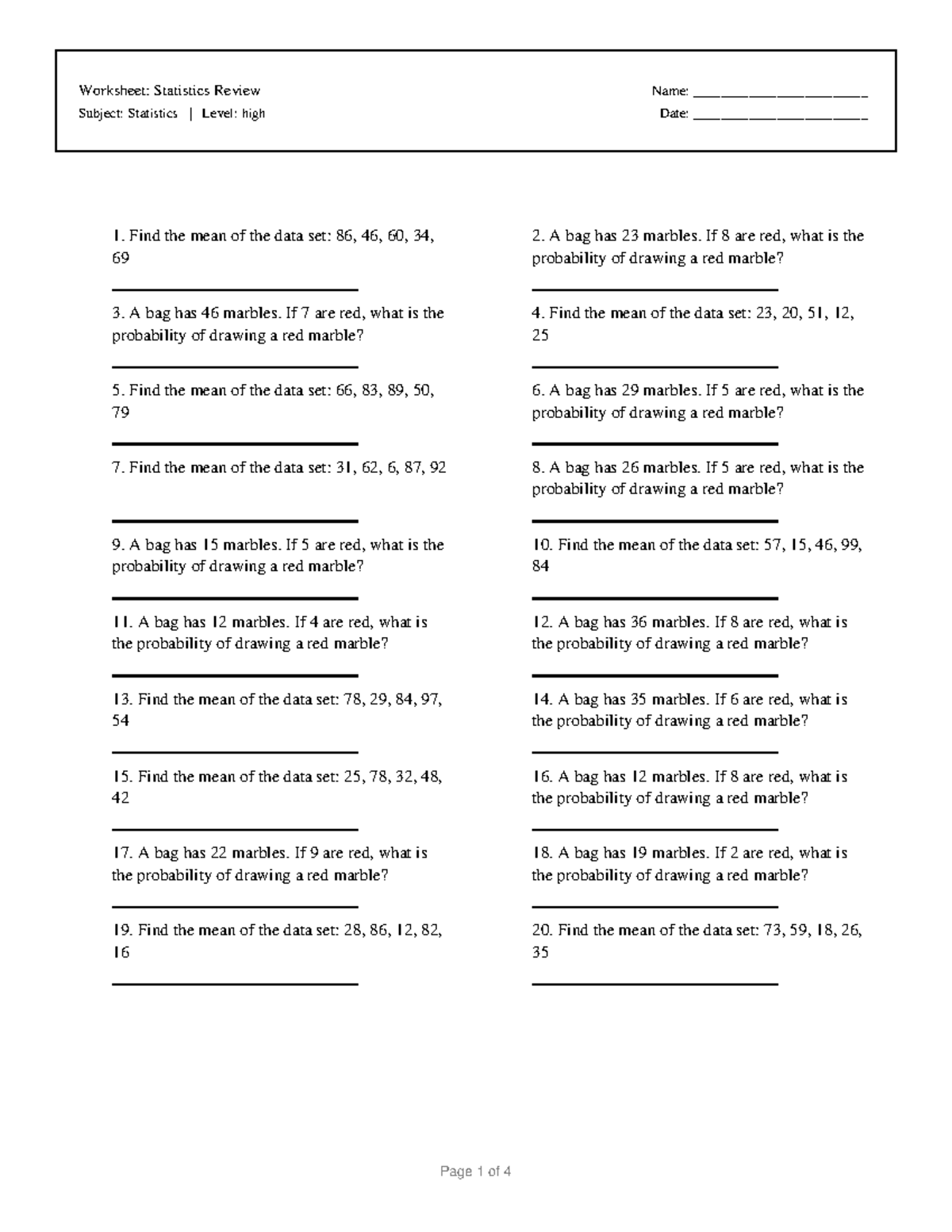 Statistics 8: Worksheet on Mean & Probability Review - Studocu
