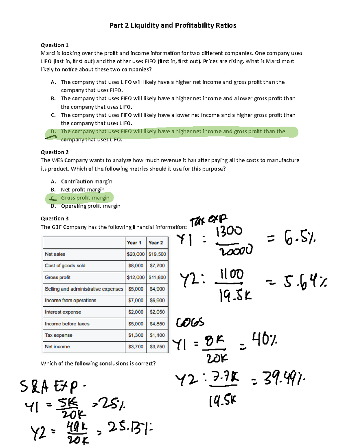 Liquidity and Profitability Ratios Practice Questions - [Course Code ...