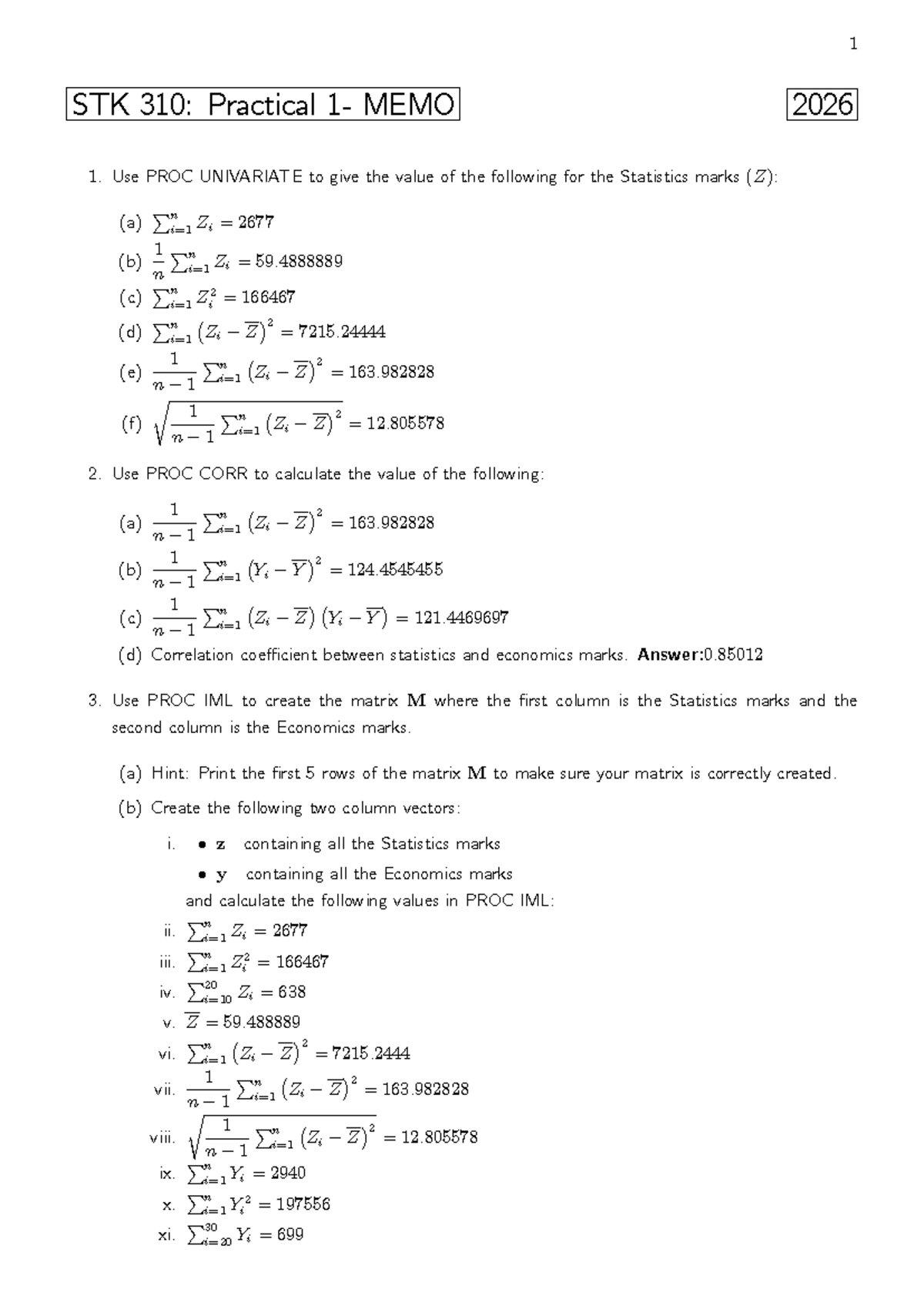 1 STK 310: Practical 1 Memo - Statistical Analysis Notes - Studocu