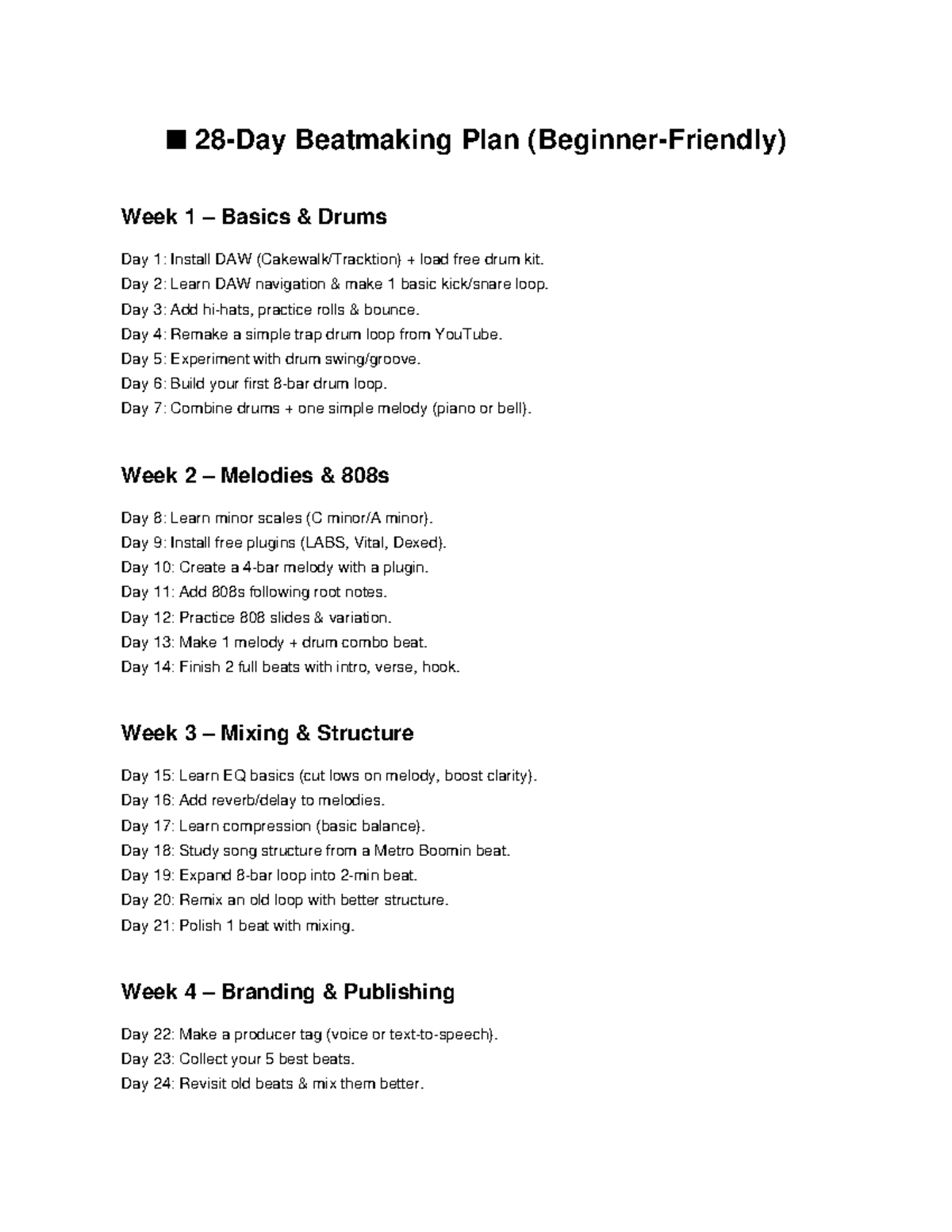 Beatmaking Plan: Week 1-4 Guide for Beats and Art - Studocu