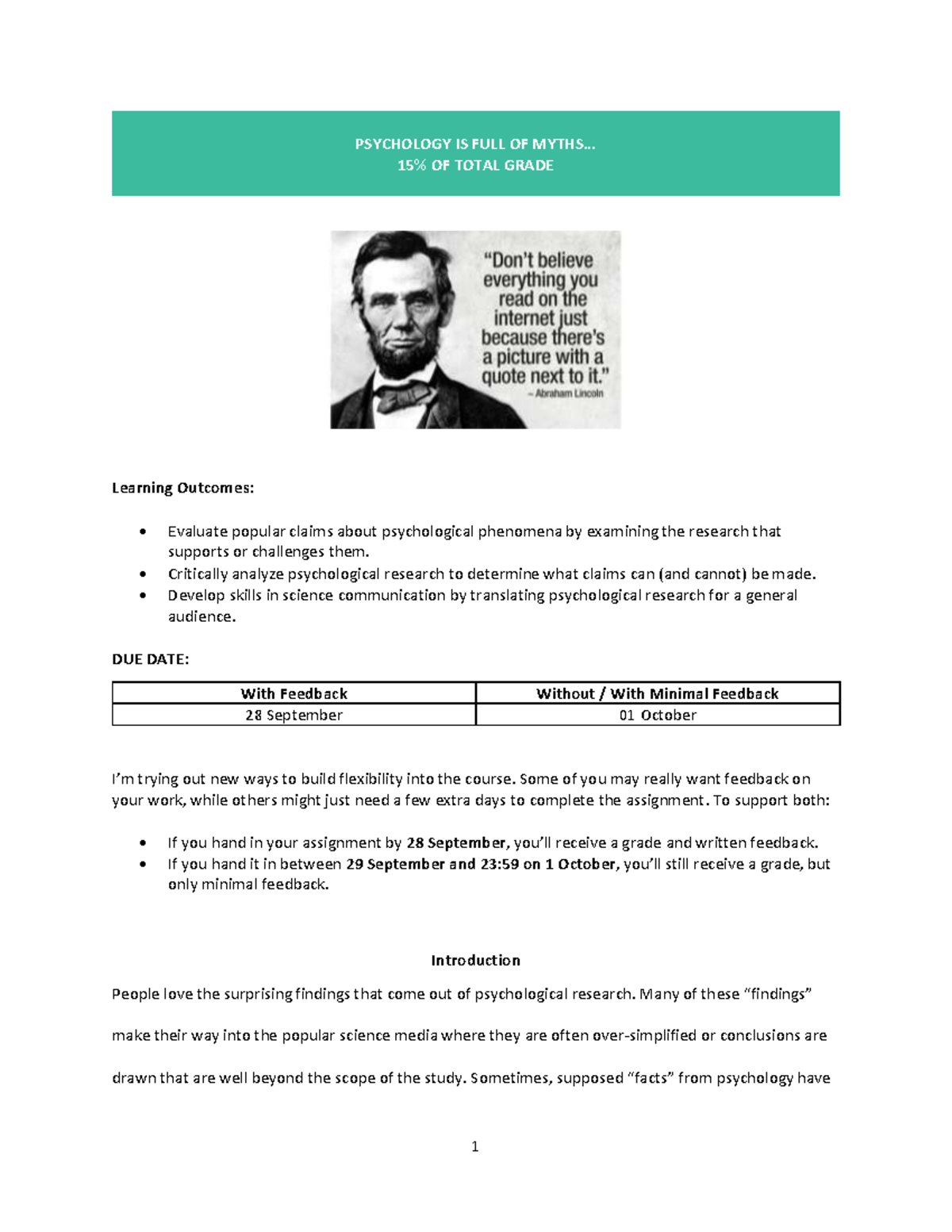 PSY 101: Assignment 1 - Exploring Myths in Psychology - Studocu