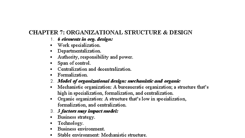CHAPTER 7: ORGANIZATIONAL STRUCTURE DESIGN - SFSF Notes - Studocu
