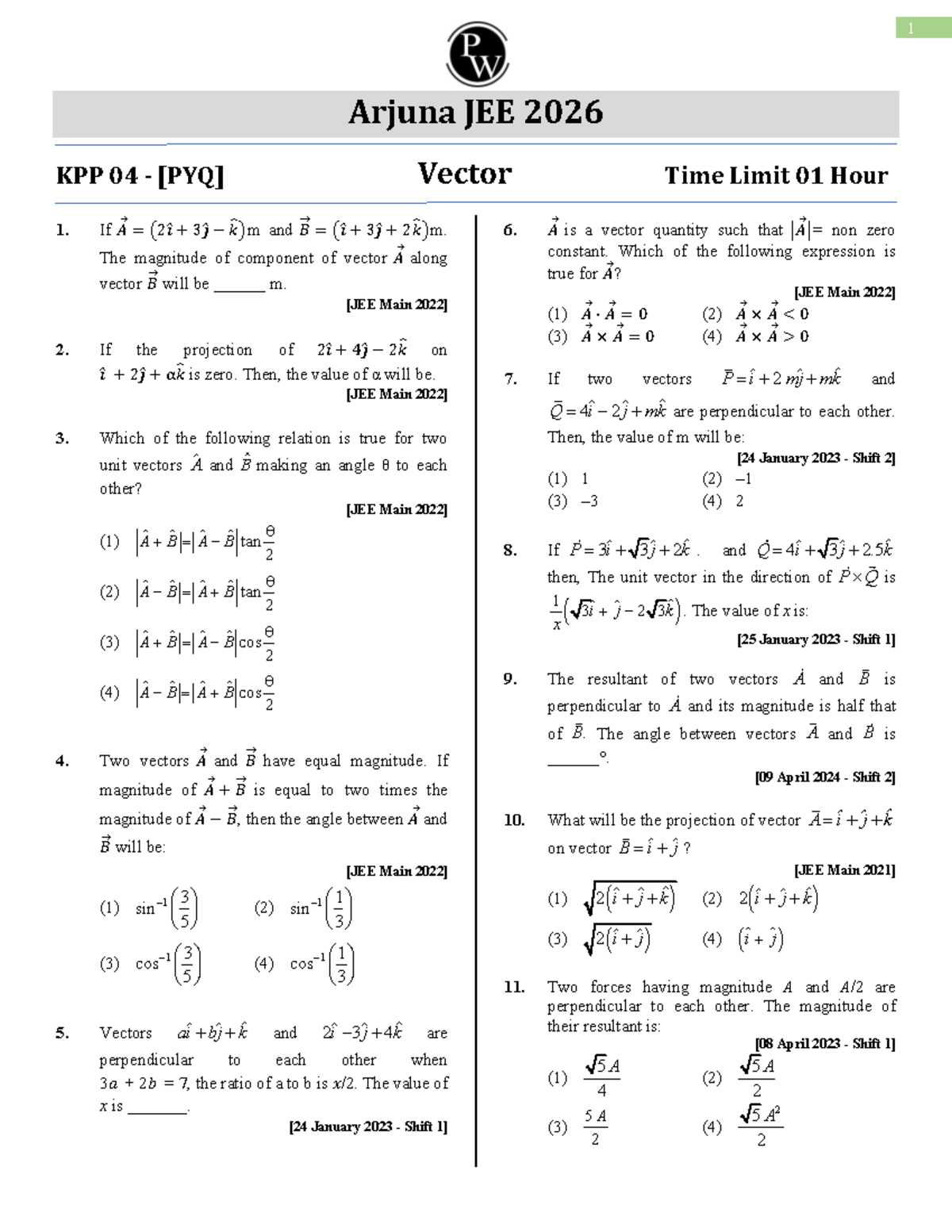 KPP 04 Vector Previous Year Questions (PYQ) - Studocu