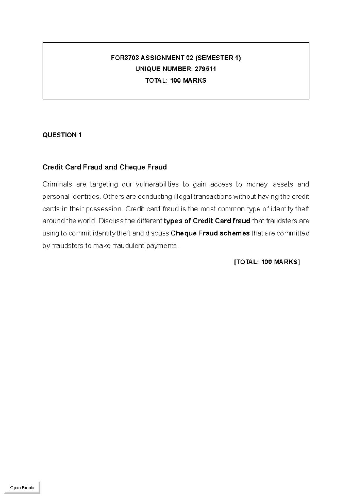 FOR3703 Assignment 2: Credit Card & Cheque Fraud Analysis - Studocu