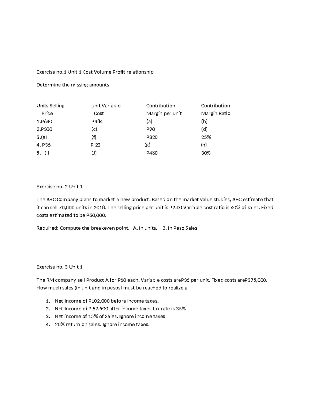 Cost Volume Profit Analysis Exercises (CVP 2025-2026) - Studocu