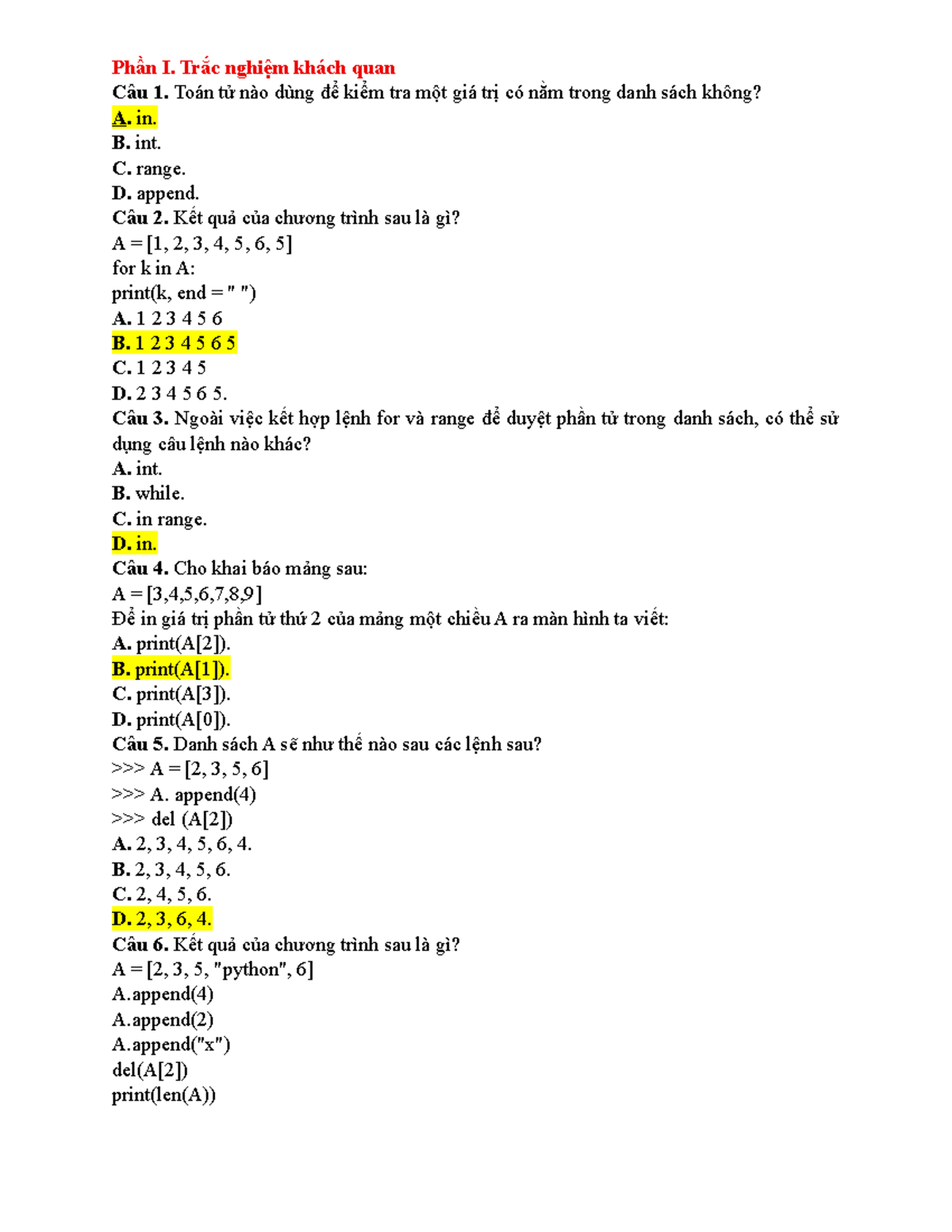 Tin 10 - Ôn Tập Giữa Kỳ 2 - Trắc Nghiệm Python - Studocu