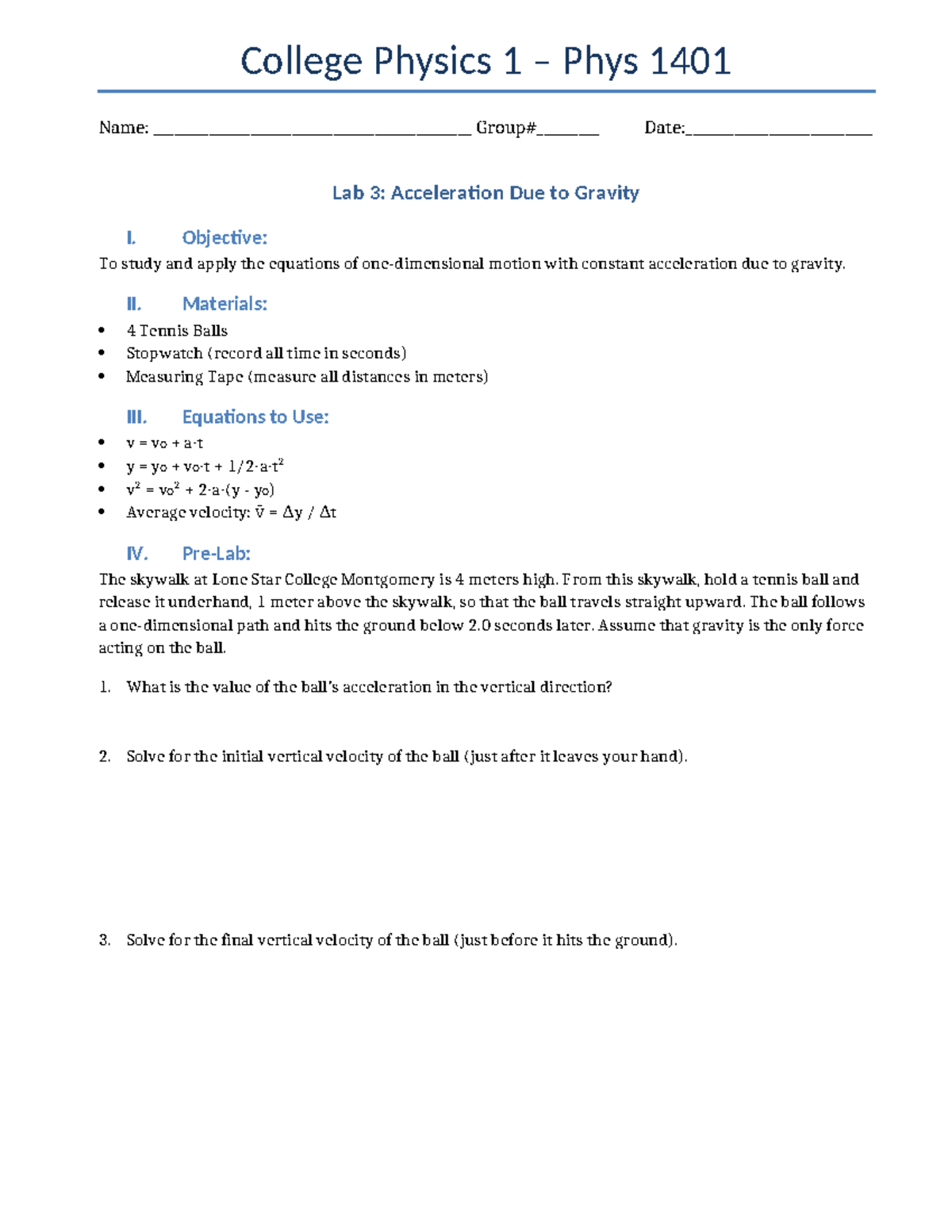 Lab 3: Acceleration Due to Gravity - Phys 1401 Experiment Guide - Studocu