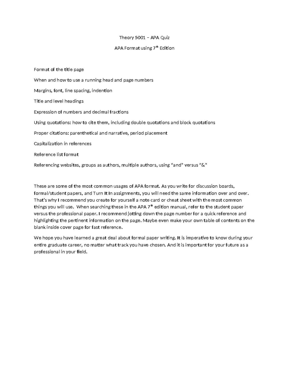 Theory 5001 APA Quiz: Essential Formatting and Citation Guidelines ...