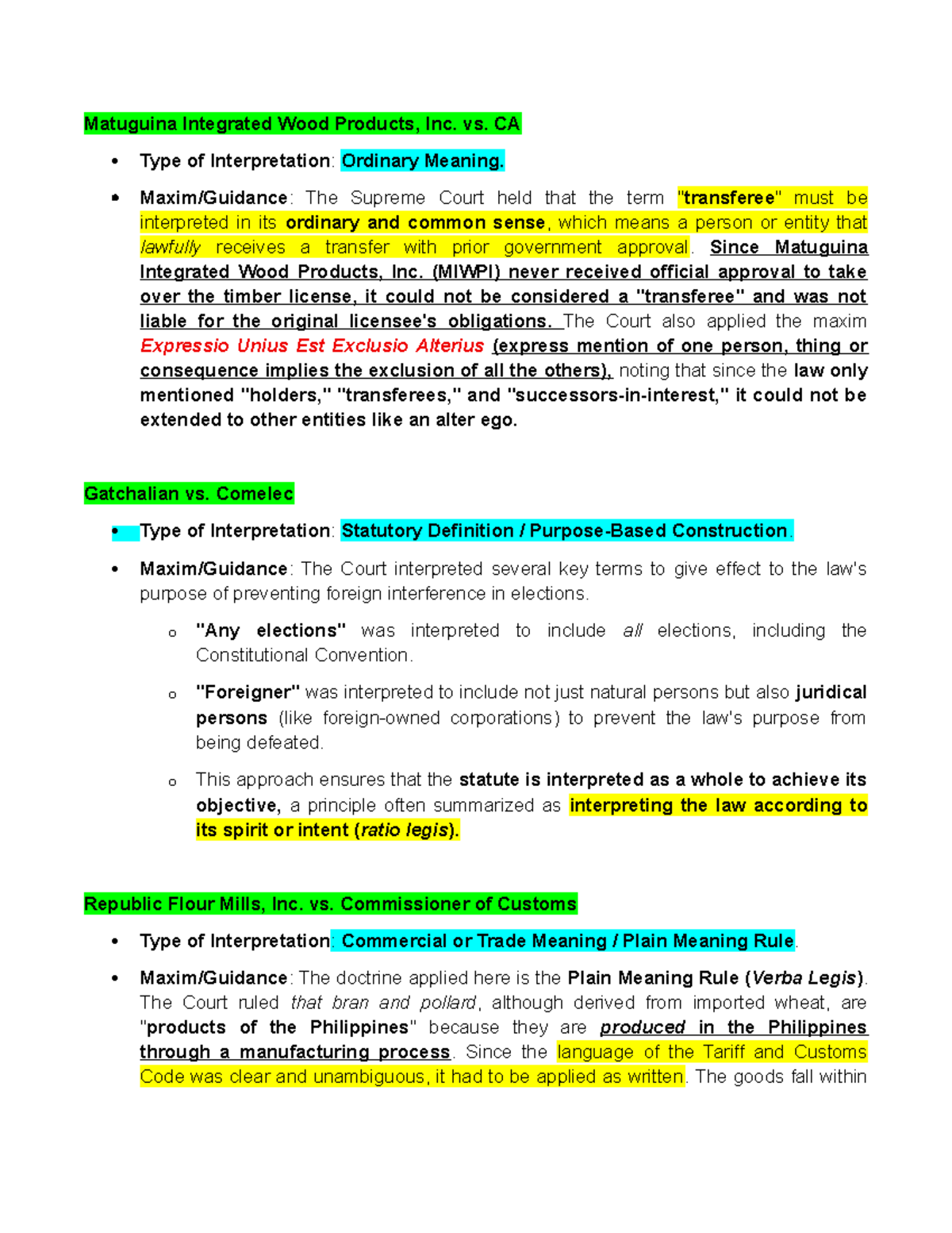 Statutory Interpretation Cases: Key Principles and Rulings (StatCon F1 ...