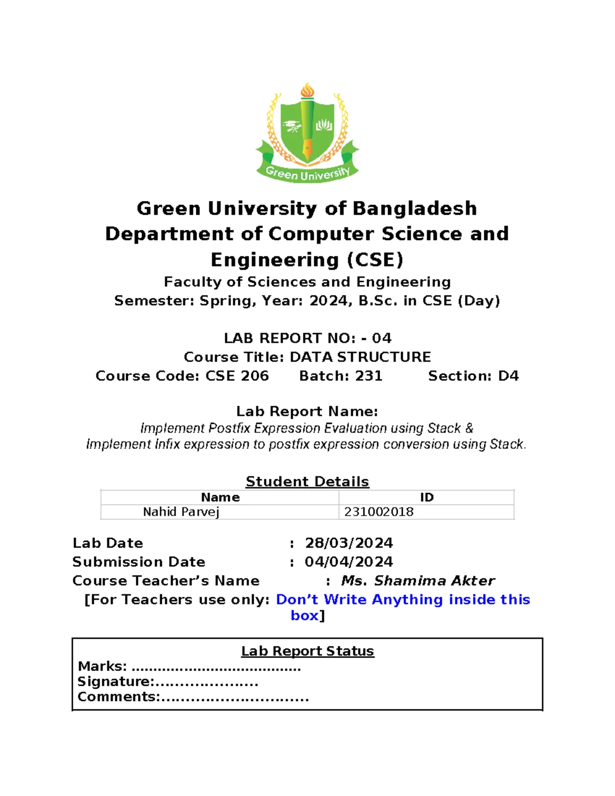 Lab Report CSE 106-04: Infix to Postfix Conversion Using Stacks - Studocu