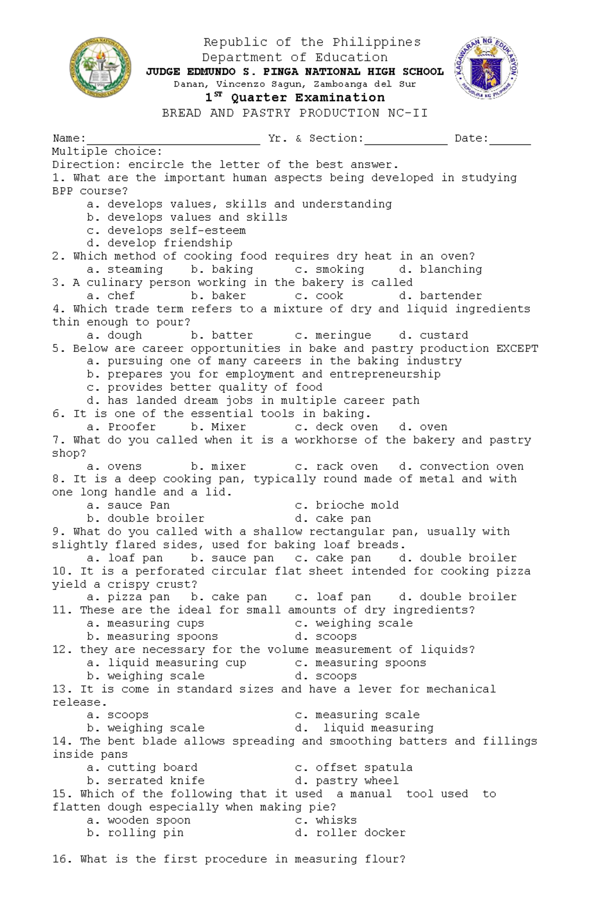 BPP 1st Quarter Exam: Bread and Pastry Production Questions - Studocu