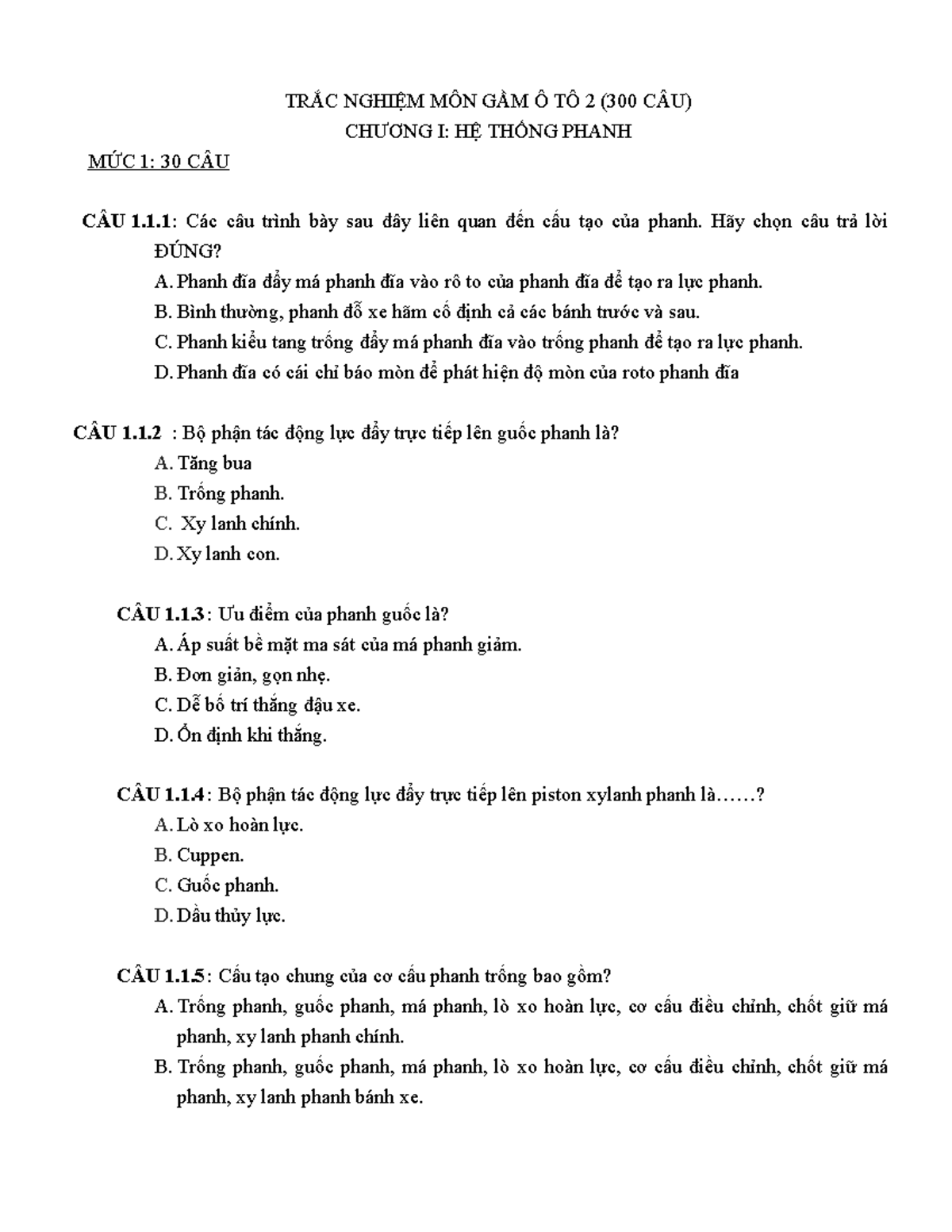 TRẮC NGHIỆM MÔN GẦM Ô TÔ 2: HỆ THỐNG PHANH (300 CÂU) - Document Preview