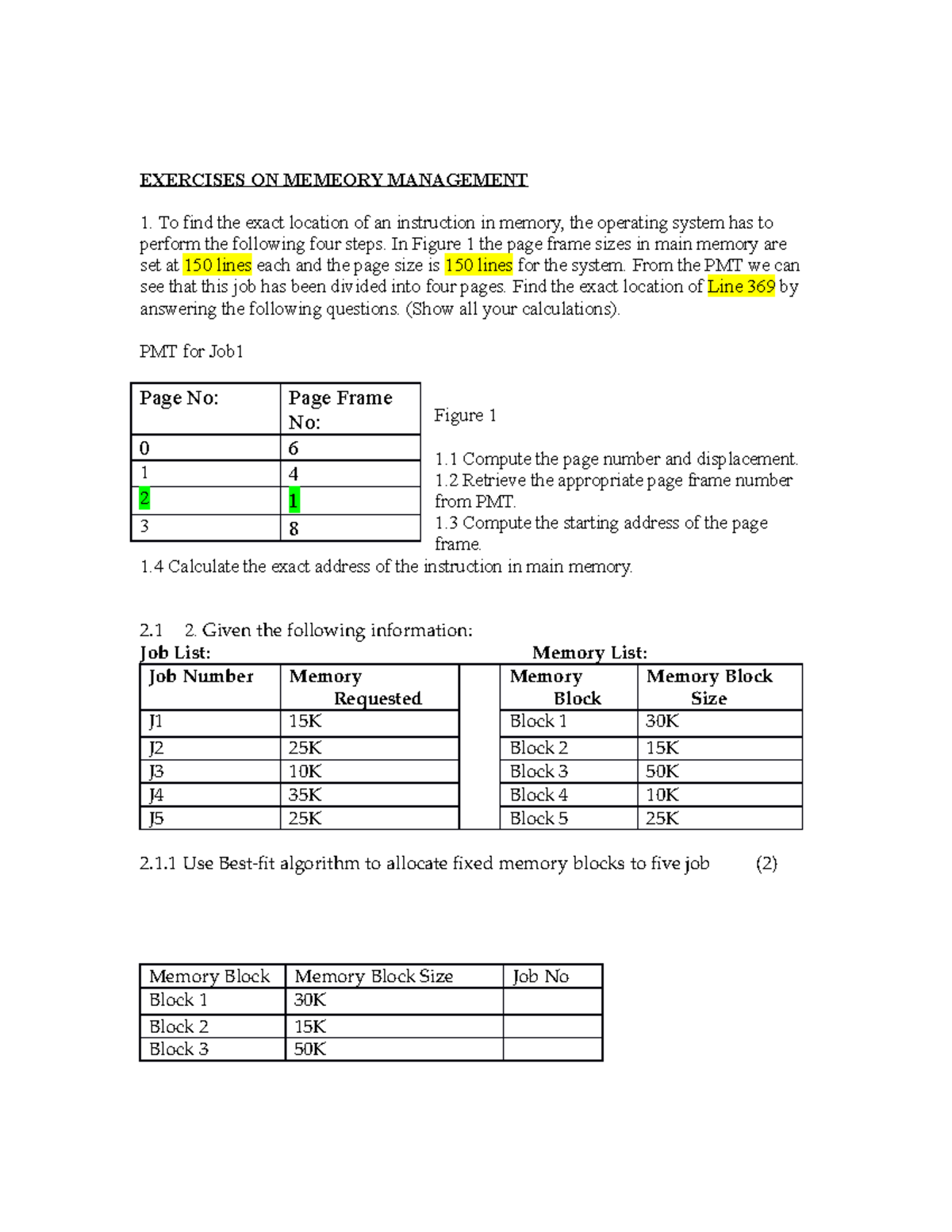 Exercises on Memory Management: Analysis & Allocations in OS - Studocu