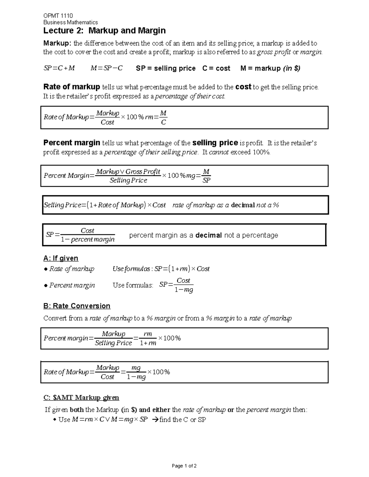 Lecture 2 handout - 2024 - OPMT 1110 Business Mathematics Lecture 2 ...