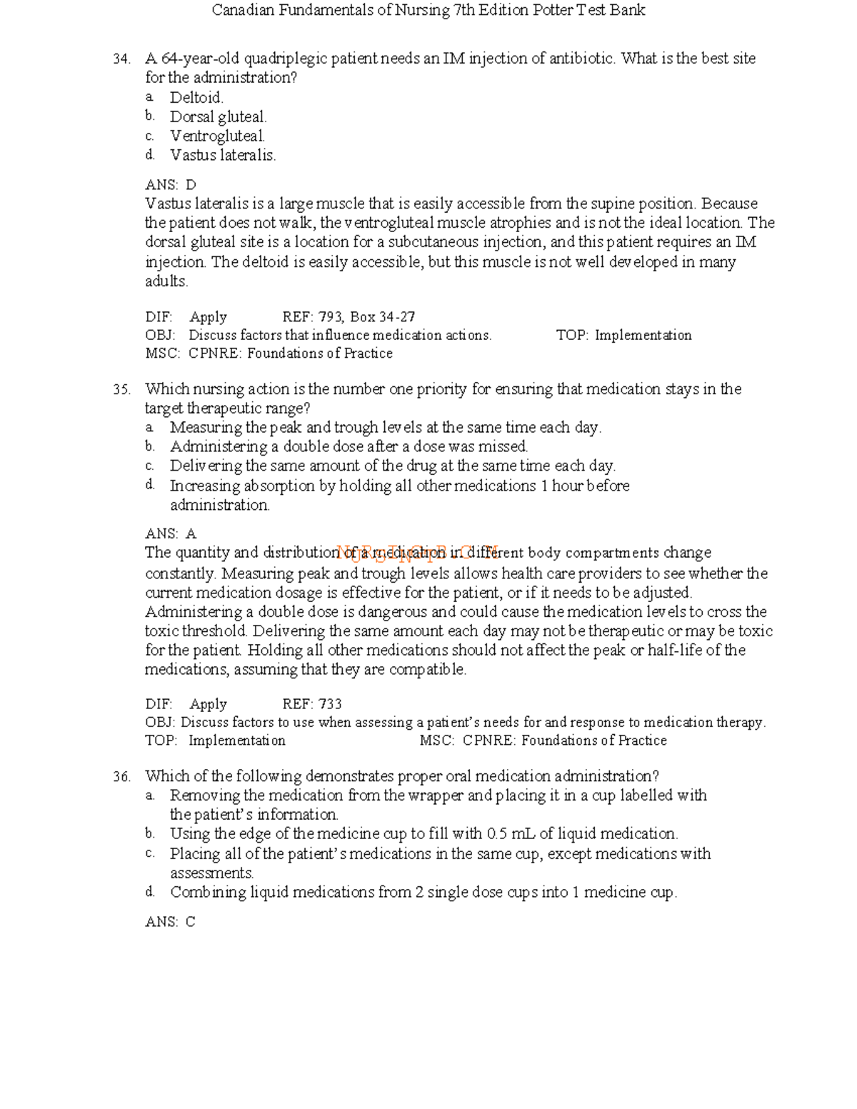 Canadian Fundamentals of Nursing 7th Ed. Potter Test Bank 34-36 - Studocu