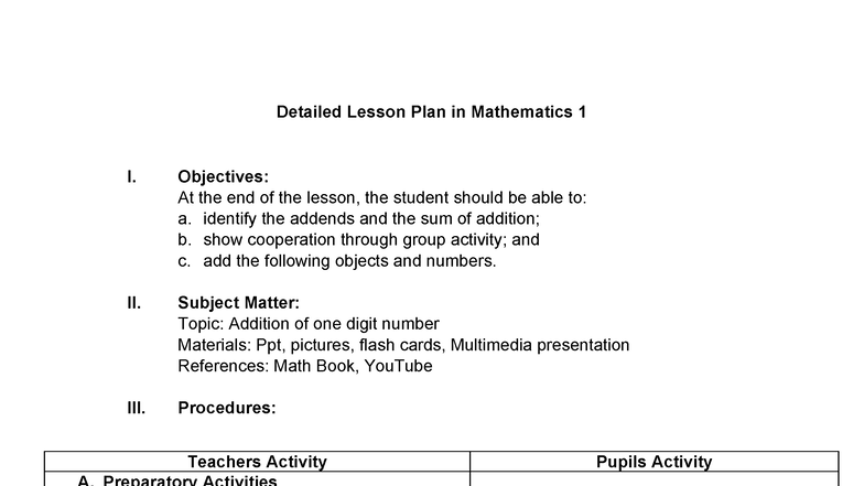 Detailed Lesson Plan in Math 1: Addition of One-Digit Numbers - Studocu
