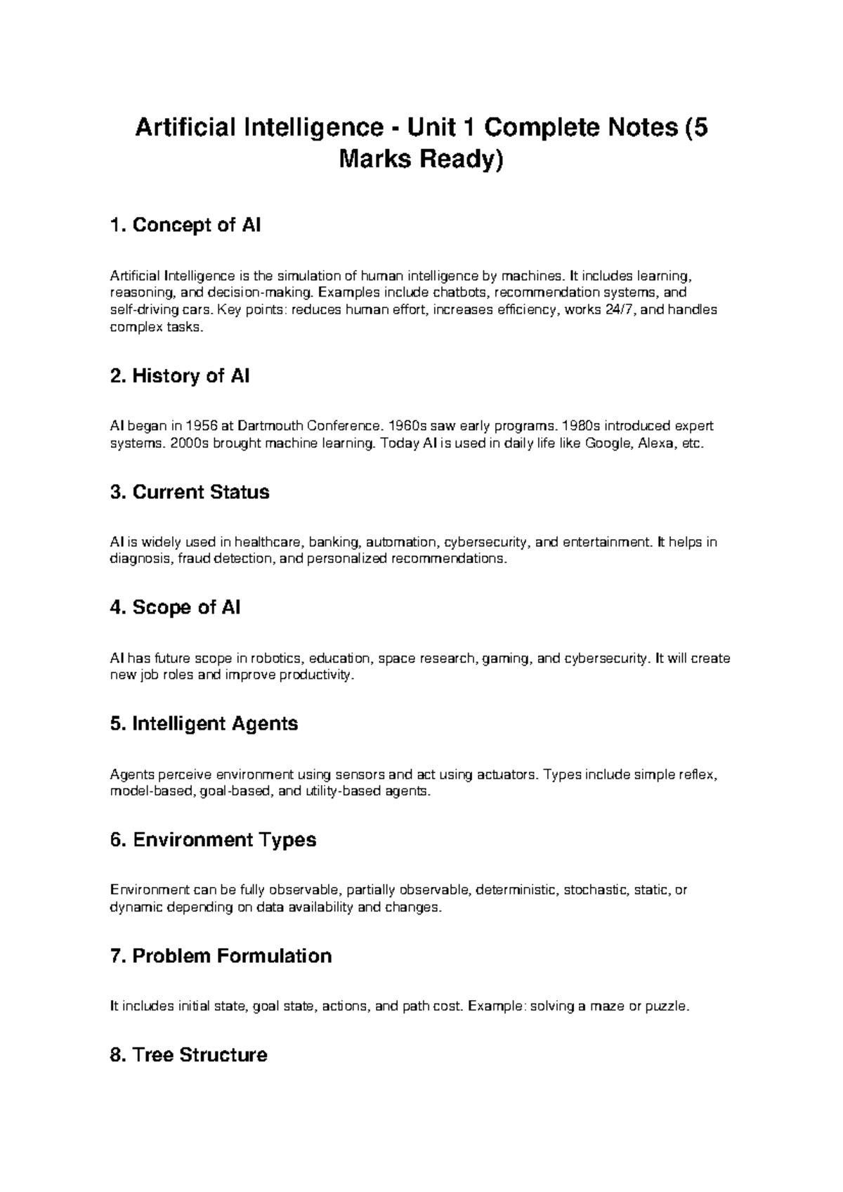 AI Unit 1 Complete Notes: Concepts, History & Current Status - Studocu