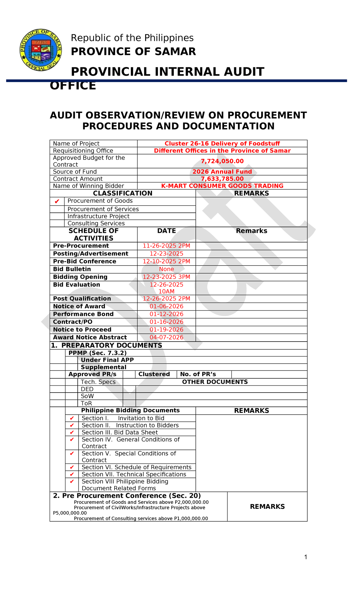 Audit Review on Procurement Procedures: Cluster 26-16 Foodstuff ...