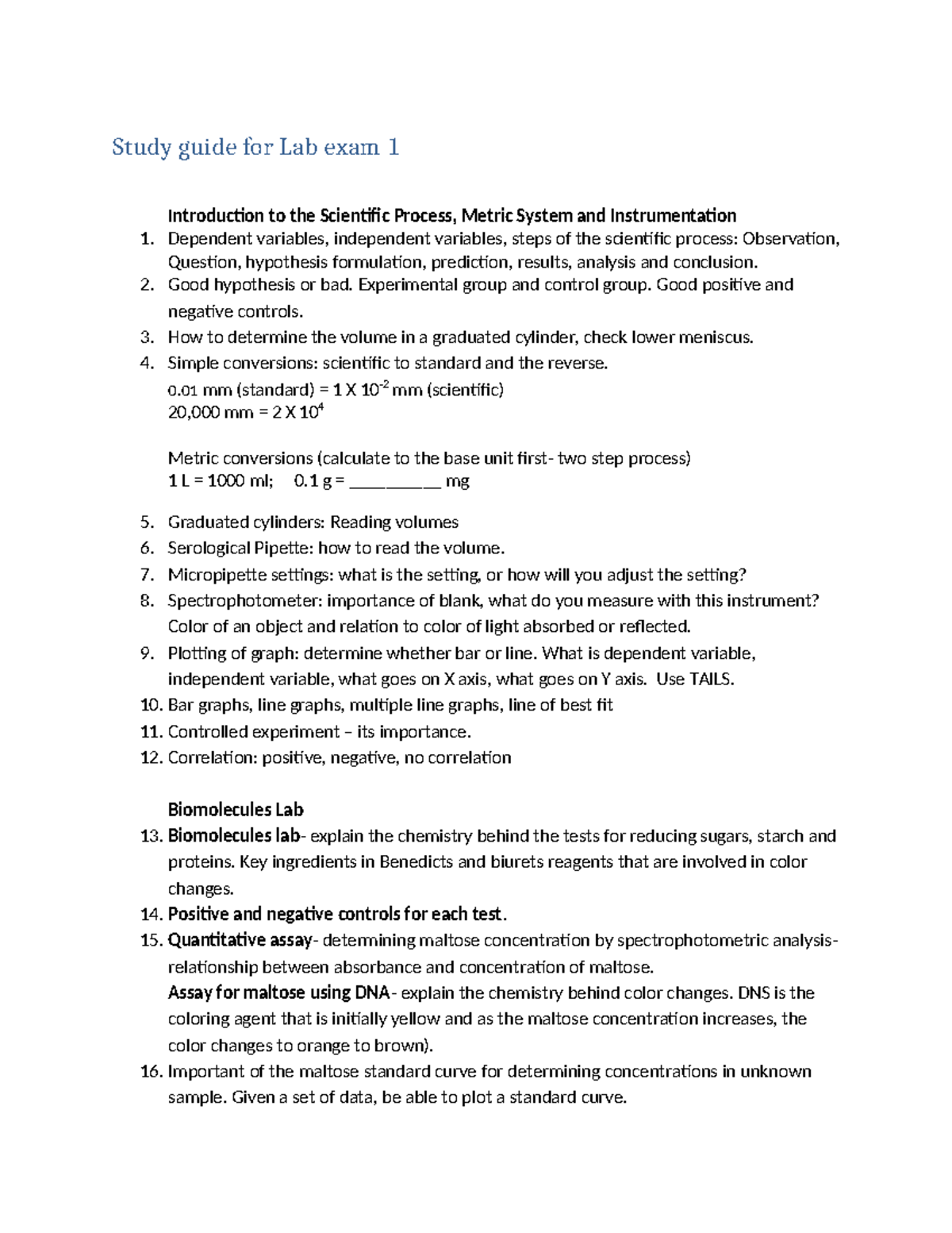 Study guide for Lab exam 1F22 (1) - Study guide for Lab exam 1 ...