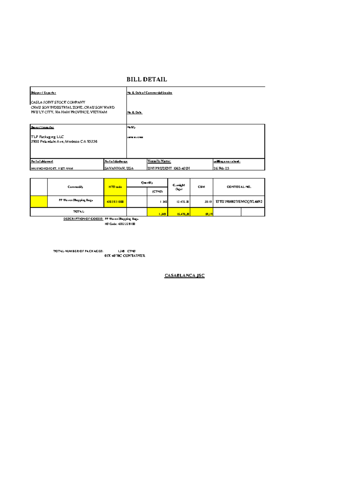 Xuất FCL - xuất FCL - Shipper / Exporter No & Date of Commercial ...
