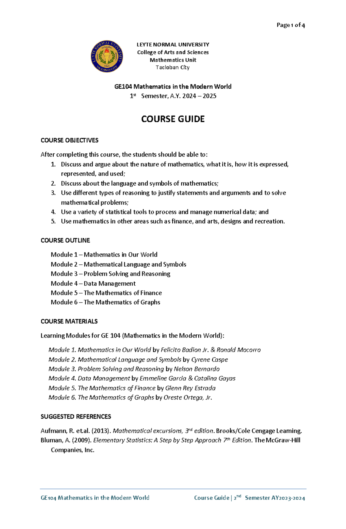 GE104 Mathematics in the Modern World Course Guide 2024-2025 - Studocu