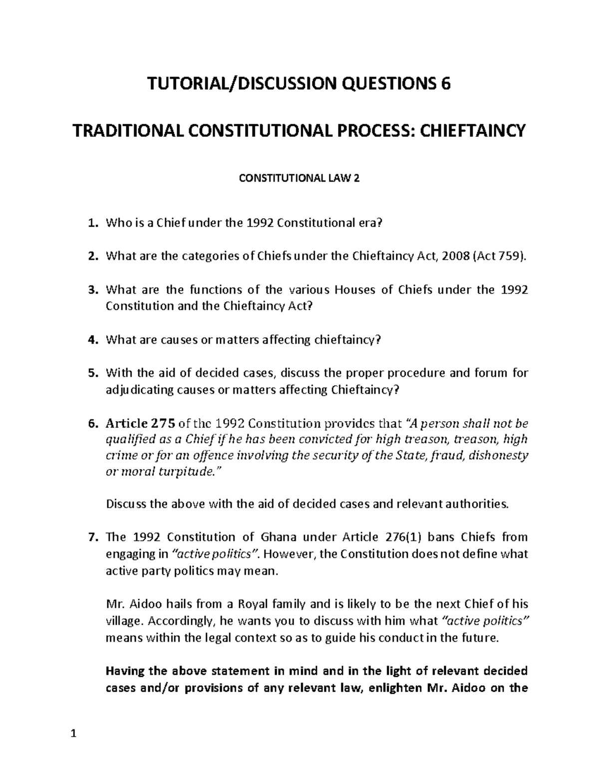 Tutorial 6: Chieftaincy Constitutional Law 2 - Key Questions & Analysis ...