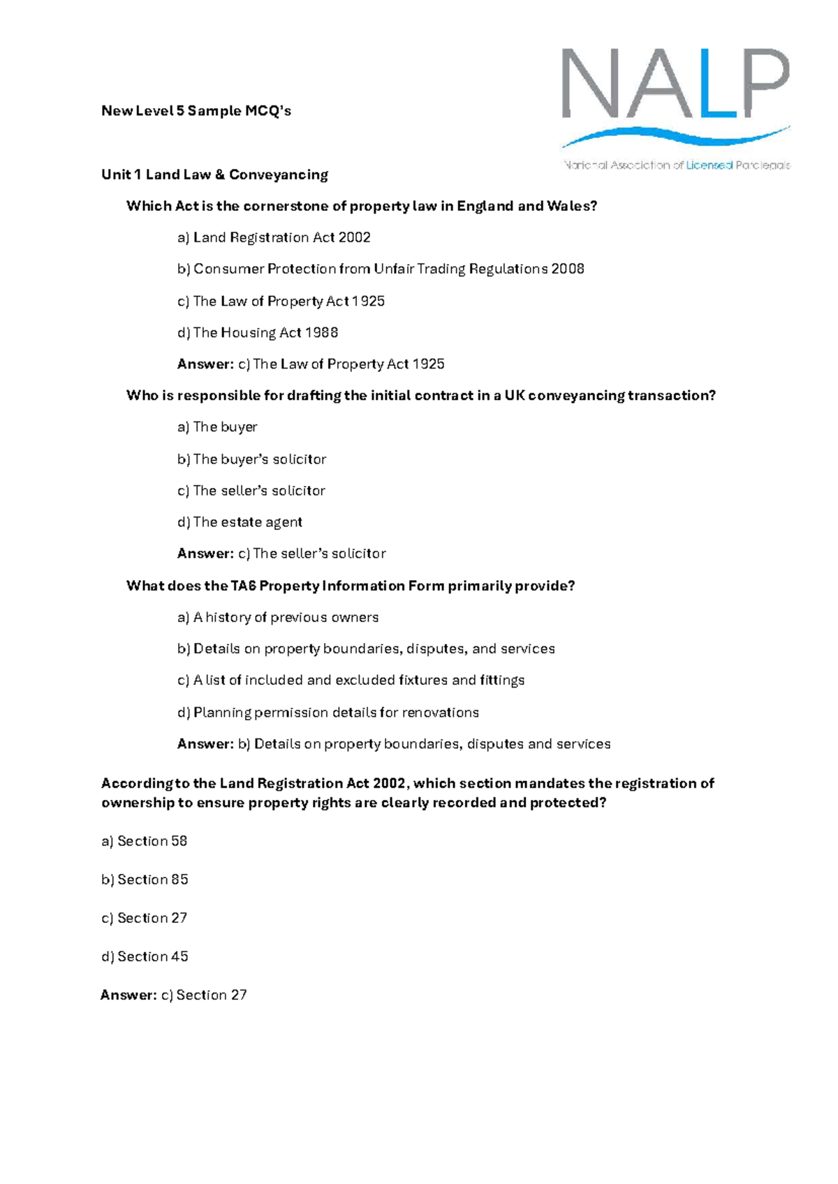 Level 5 Sample MCQs - Land Law & Business Law Assignment - Studocu