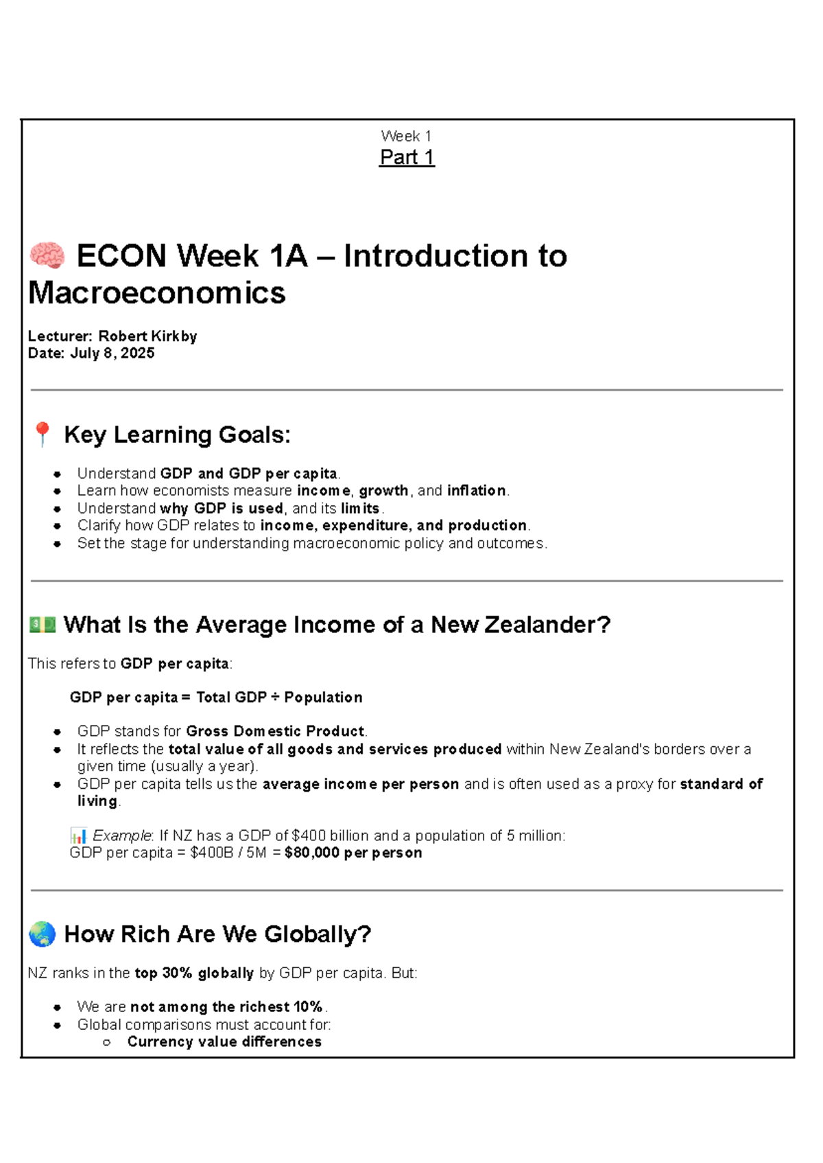 ECON 141 Week 1A: Intro to Macroeconomics & GDP Insights - Studocu