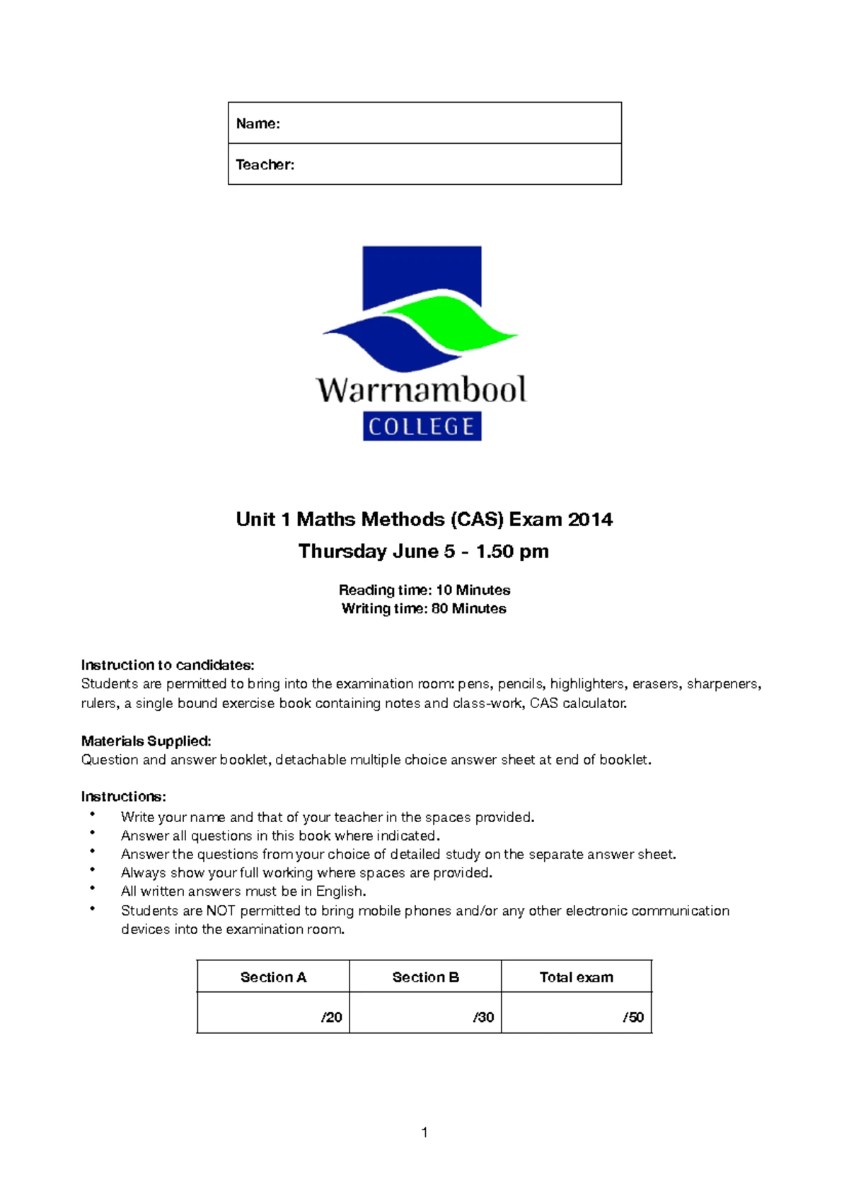 Maths Methods Unit 1 Exam Study Guide & Revision 2023 - Studocu