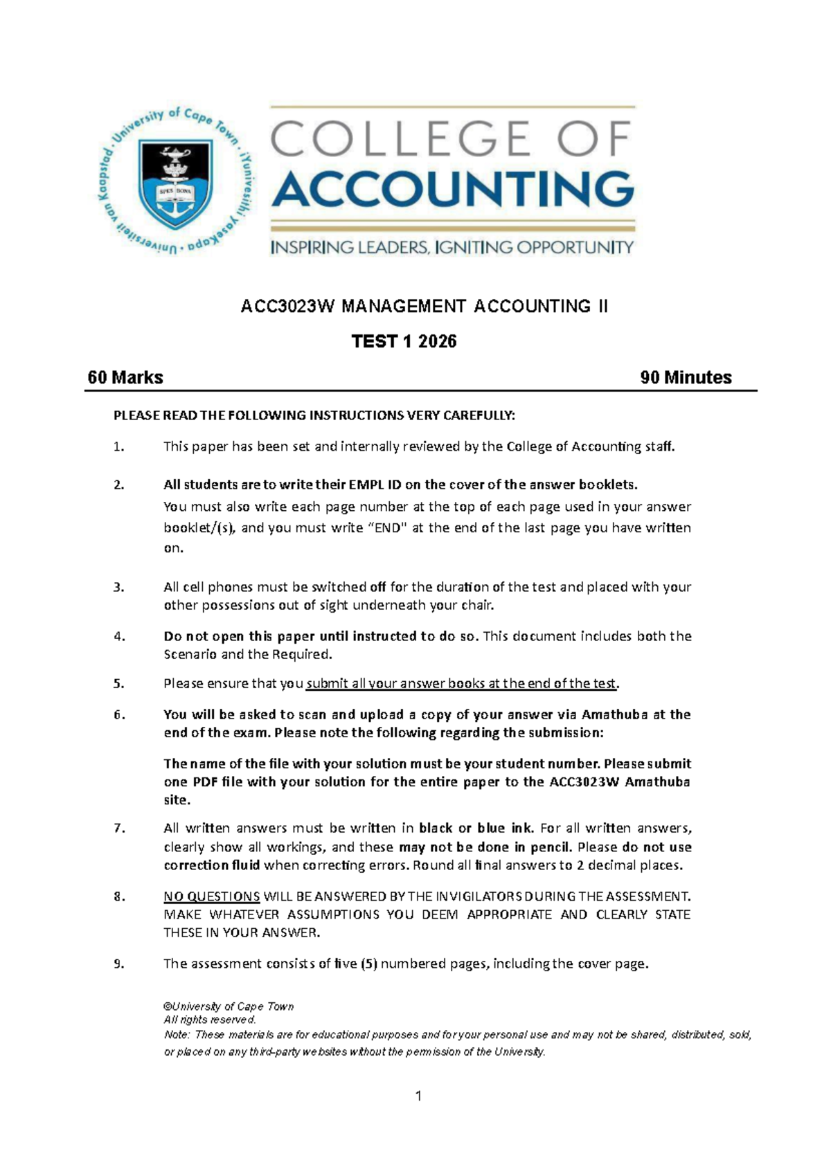 ACC3023W Management Accounting II Test 1 - 2026 Overview and ...