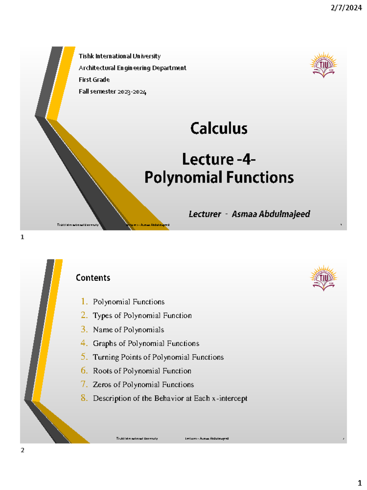 Lecture 4: Polynomial Functions in Calculus (ARCH 101) - Studocu