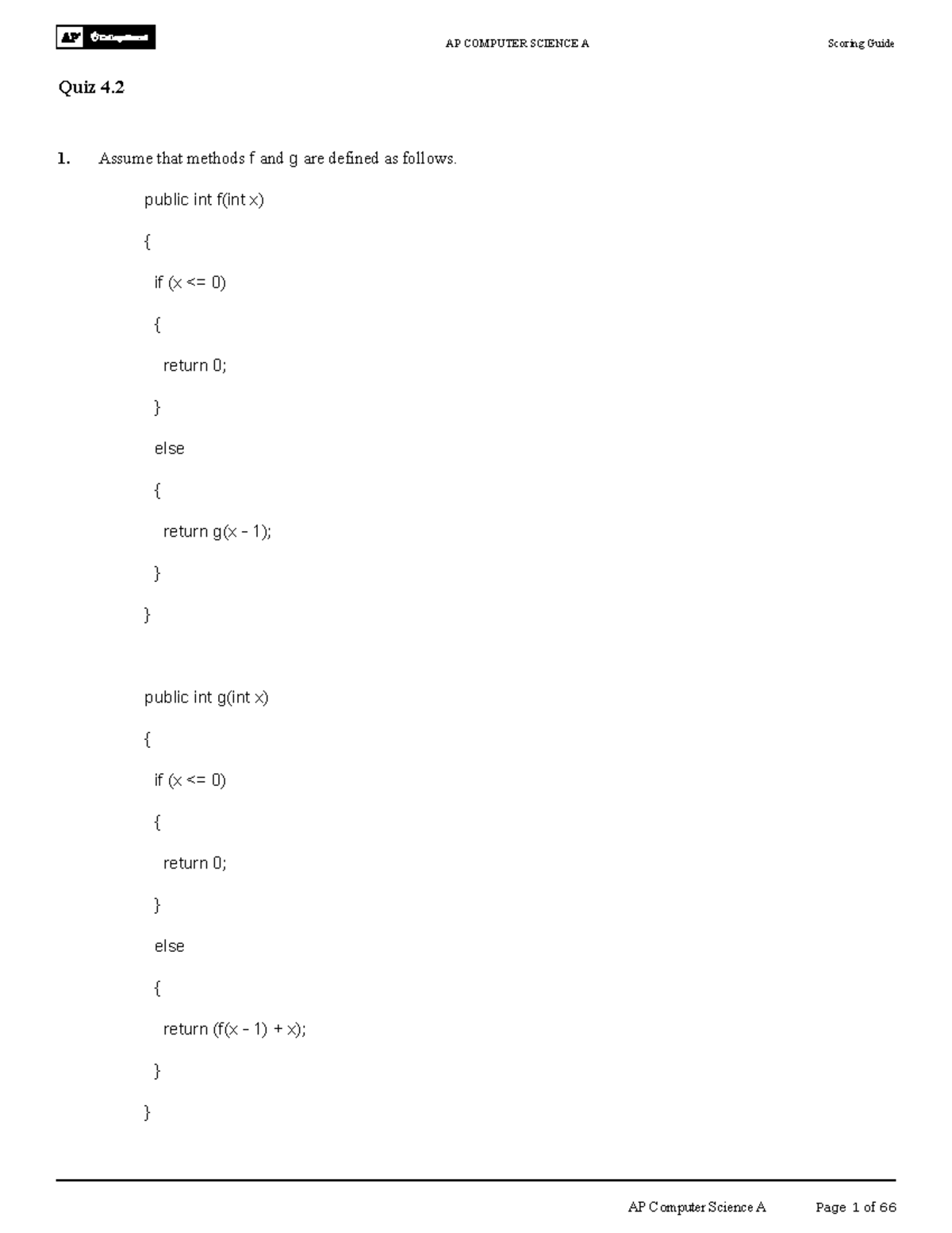 AP COMPUTER SCIENCE A Scoring Guide for Quiz 4.2 - Studocu