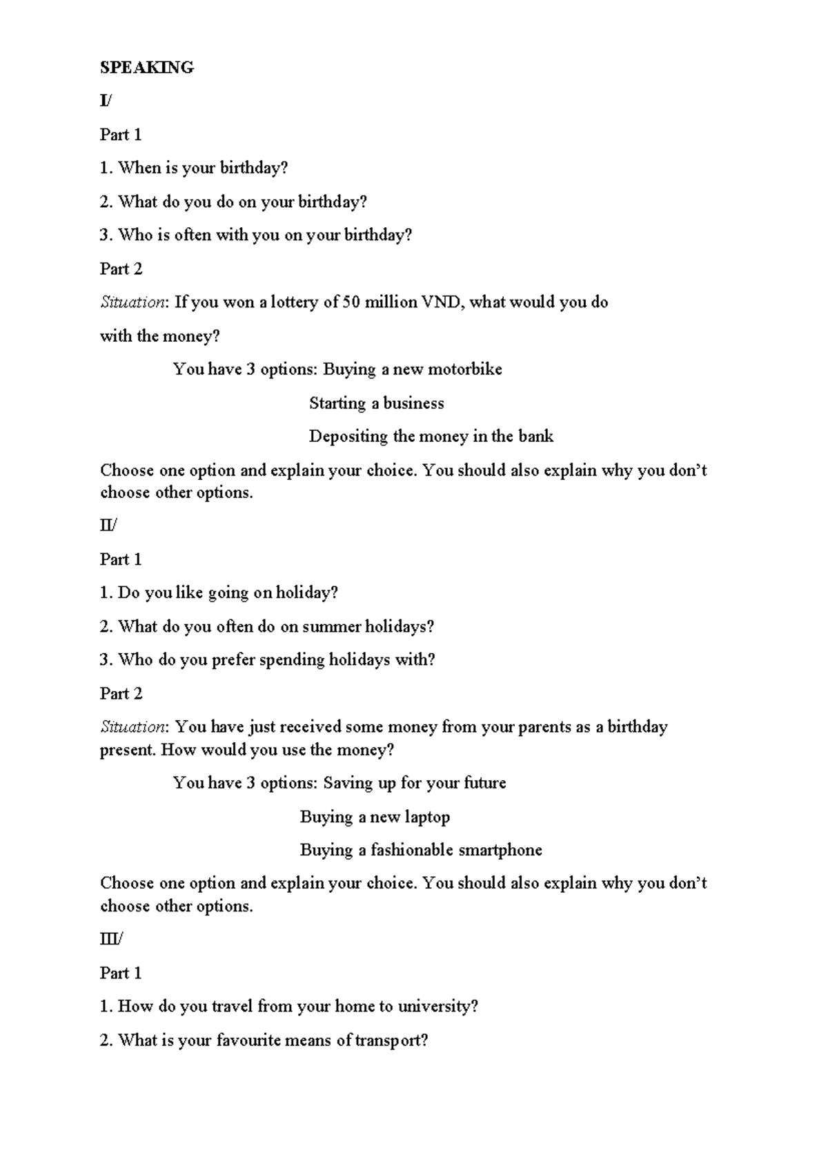 Speaking Practice - Tiếng Anh: Part 1 & 2 Questions and Scenarios - Studocu