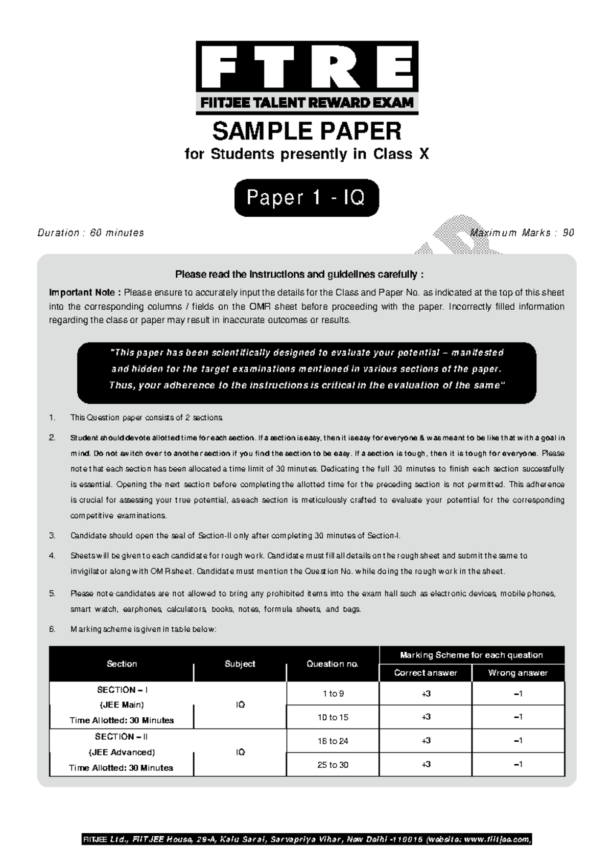 FTRE-2023- Sample Paper- Class X- IQ Assessment P1-I - Studocu