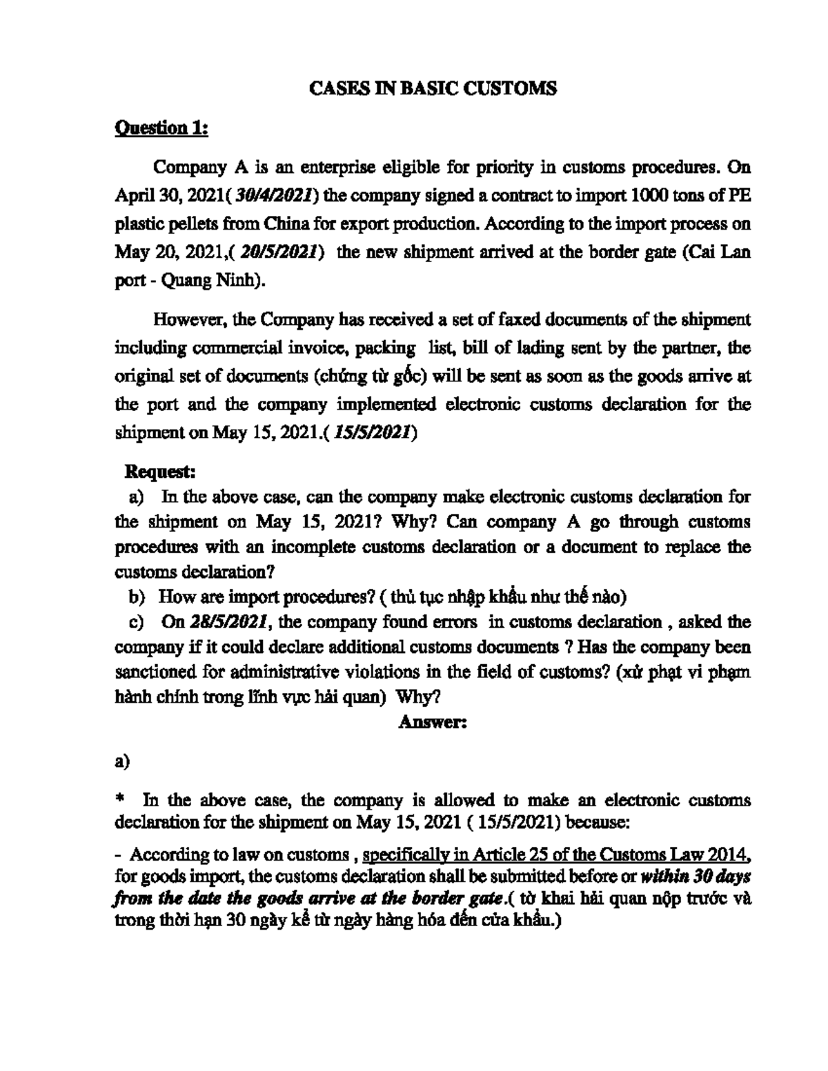 Case mai in - GNVT - CASES IN BASIC CUSTOMS Question 1: Company A is an ...