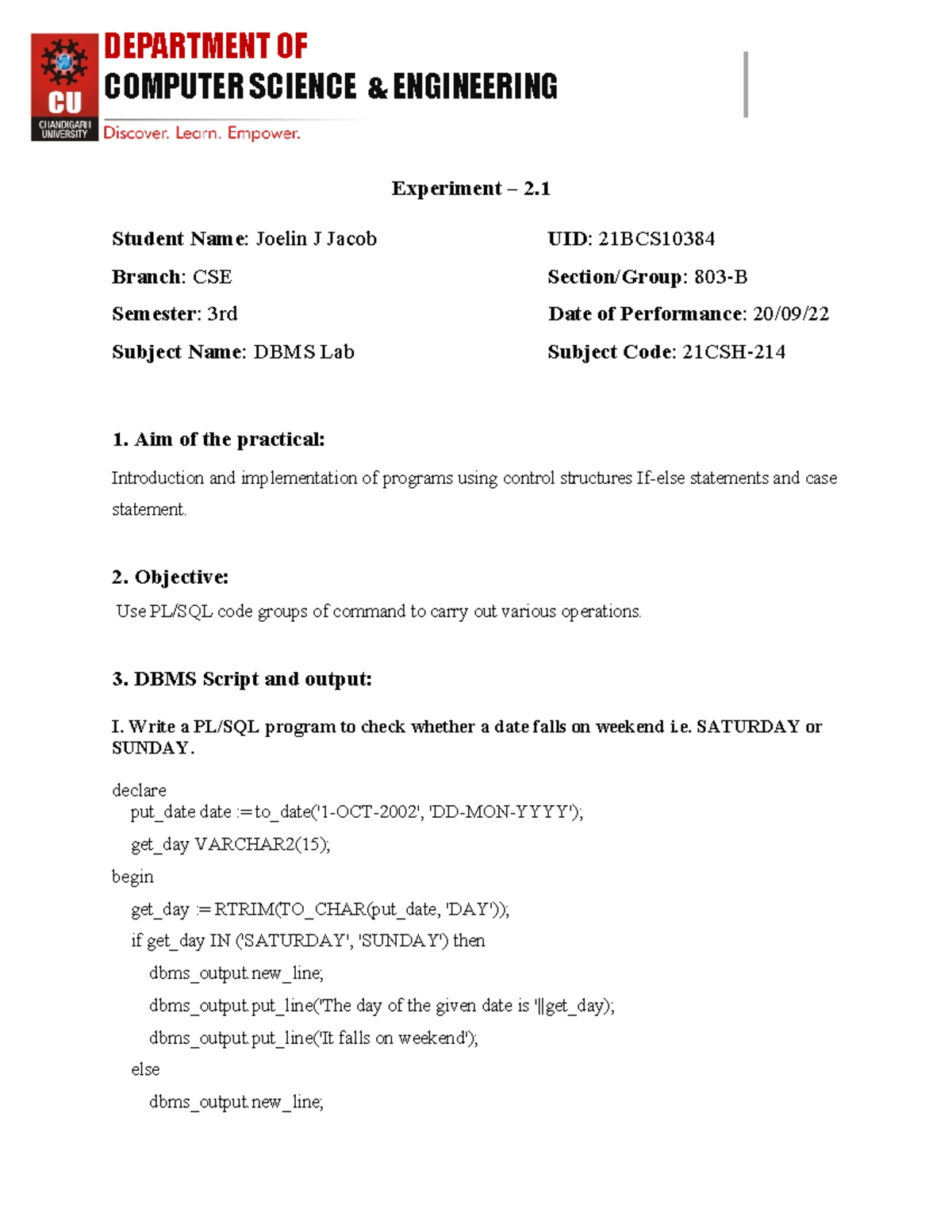 CSE 3rd Sem DBMS Lab Experiment 2.1 - Control Structures Implementation ...