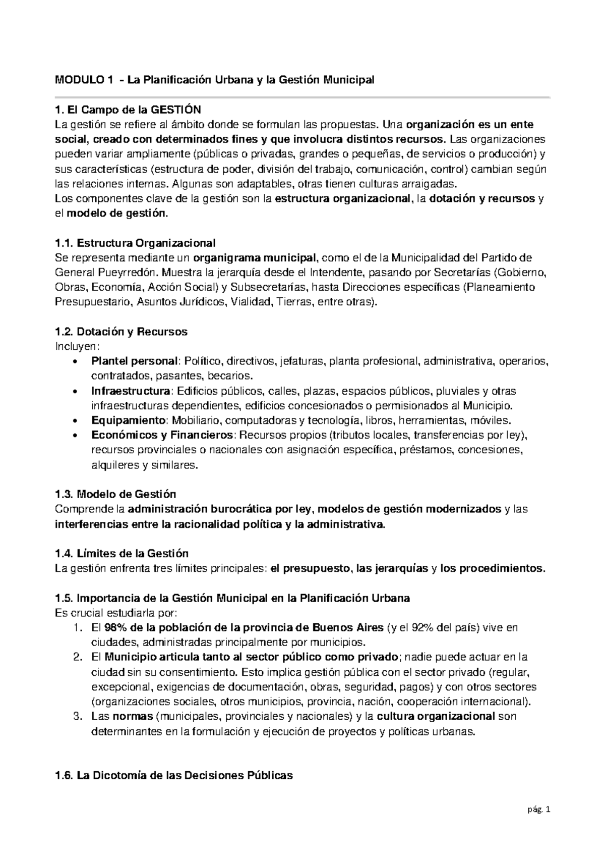 Módulo 1: Resumen sobre Planificación Urbana y Gestión Municipal - Studocu