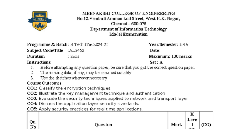 OS Model Examination Question Paper - AL3452 Set A - Studocu