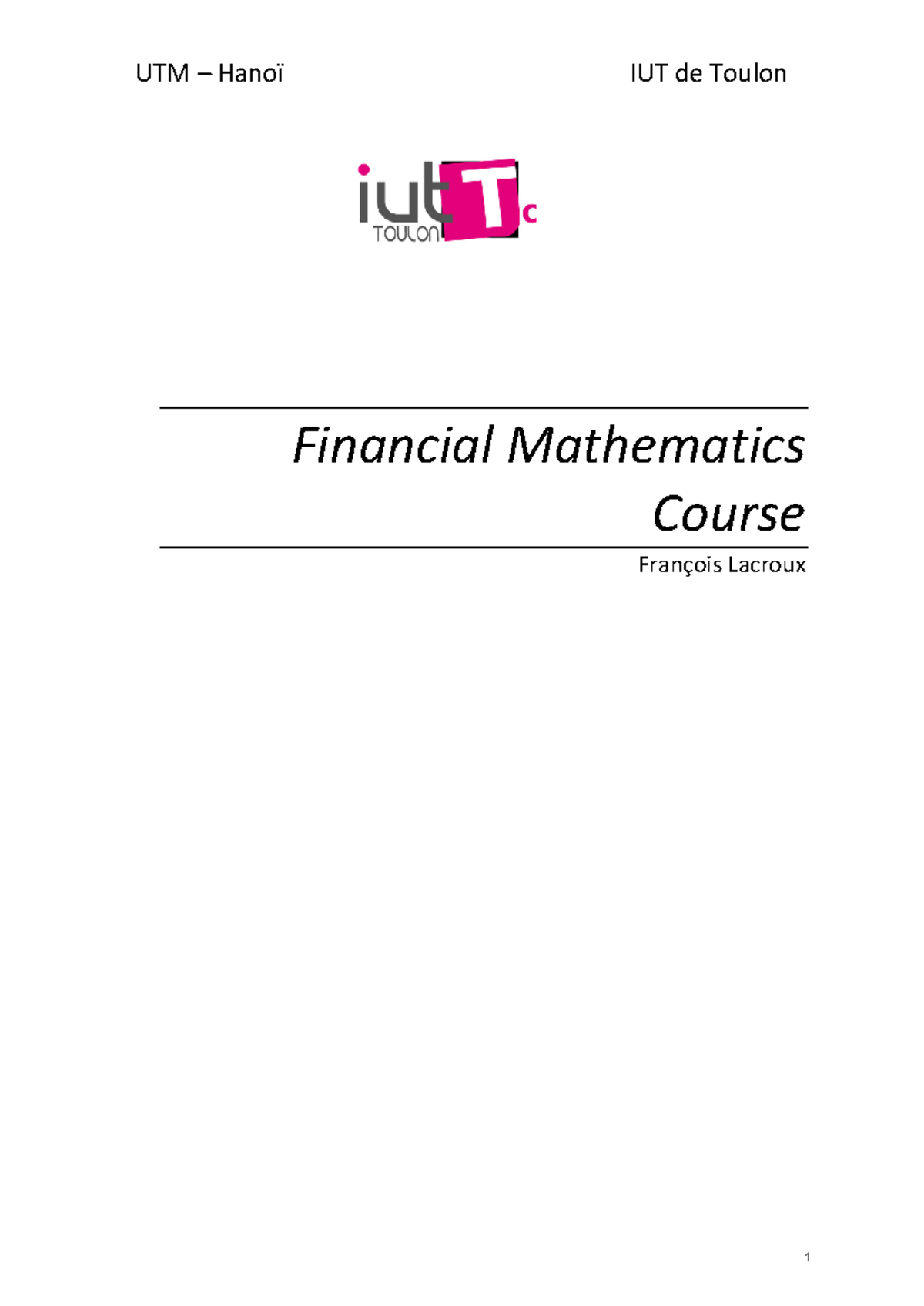 FM - Toulon - UTM - Financial Mathematics Course Notes - Studocu