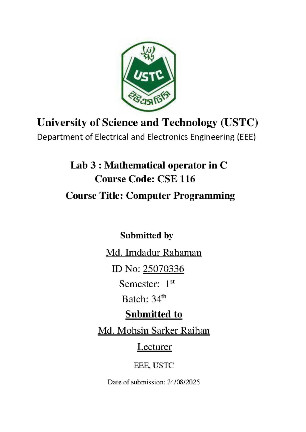 CSE 116 Lab 3: Mathematical Operators in C Programming - Studocu