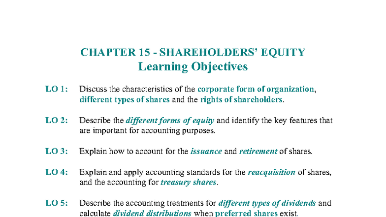 Chapter 15 - Equity: Key Concepts and Accounting Treatments - Studocu