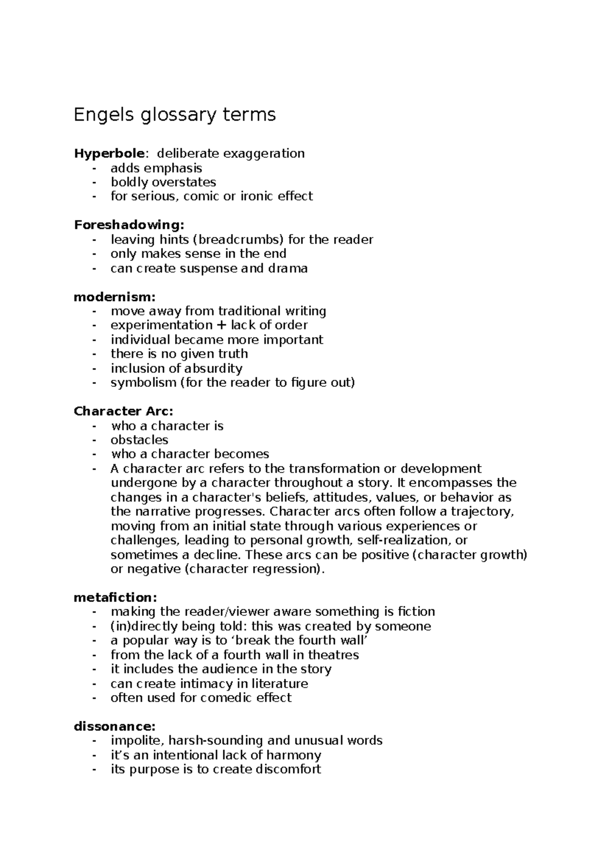 Engels Glossary Terms: Key Literary Concepts Explained - Studeersnel