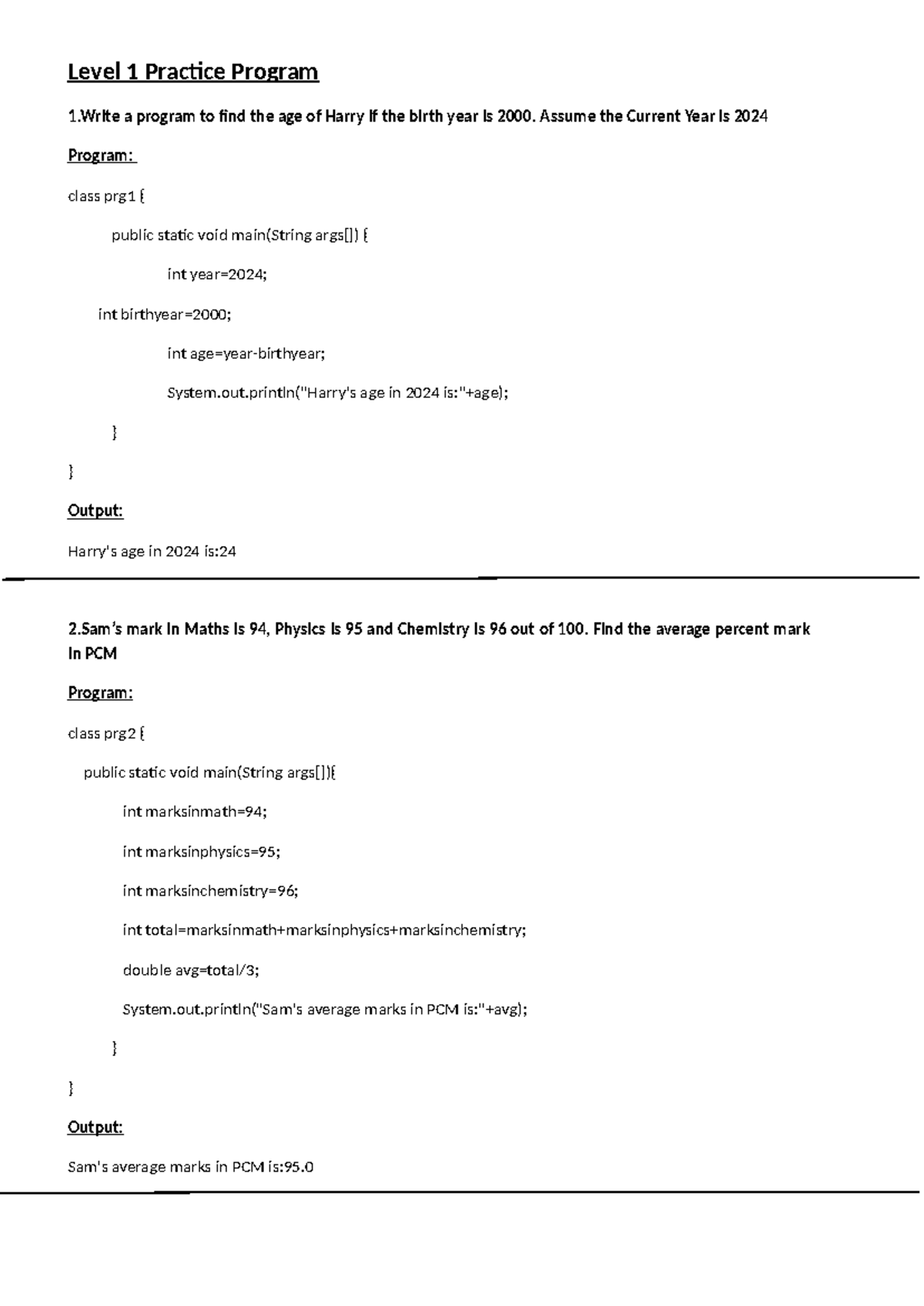 Level 1 10 programs - coding problems on java - Level 1 Practice ...