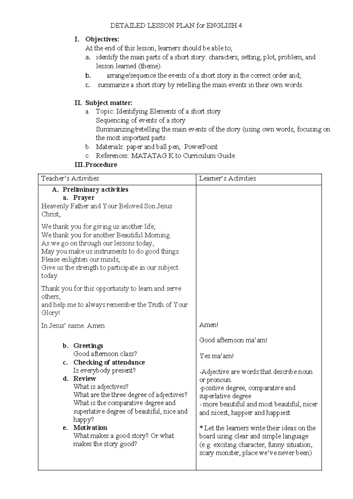 Detailed Lesson PLAN for English 4 - DETAILED LESSON PLAN for ENGLISH 4 ...
