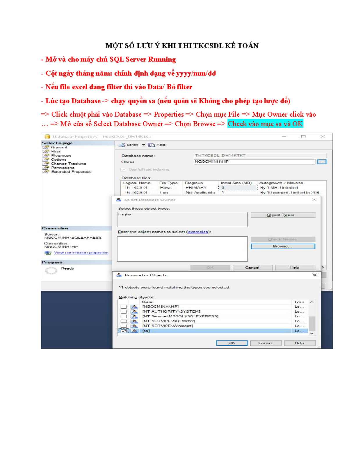 MỘT SỐ LƯU Ý KHI THI TKCSDL KẾ TOÁN VÀ SỬ DỤNG SQL SERVER - Studocu