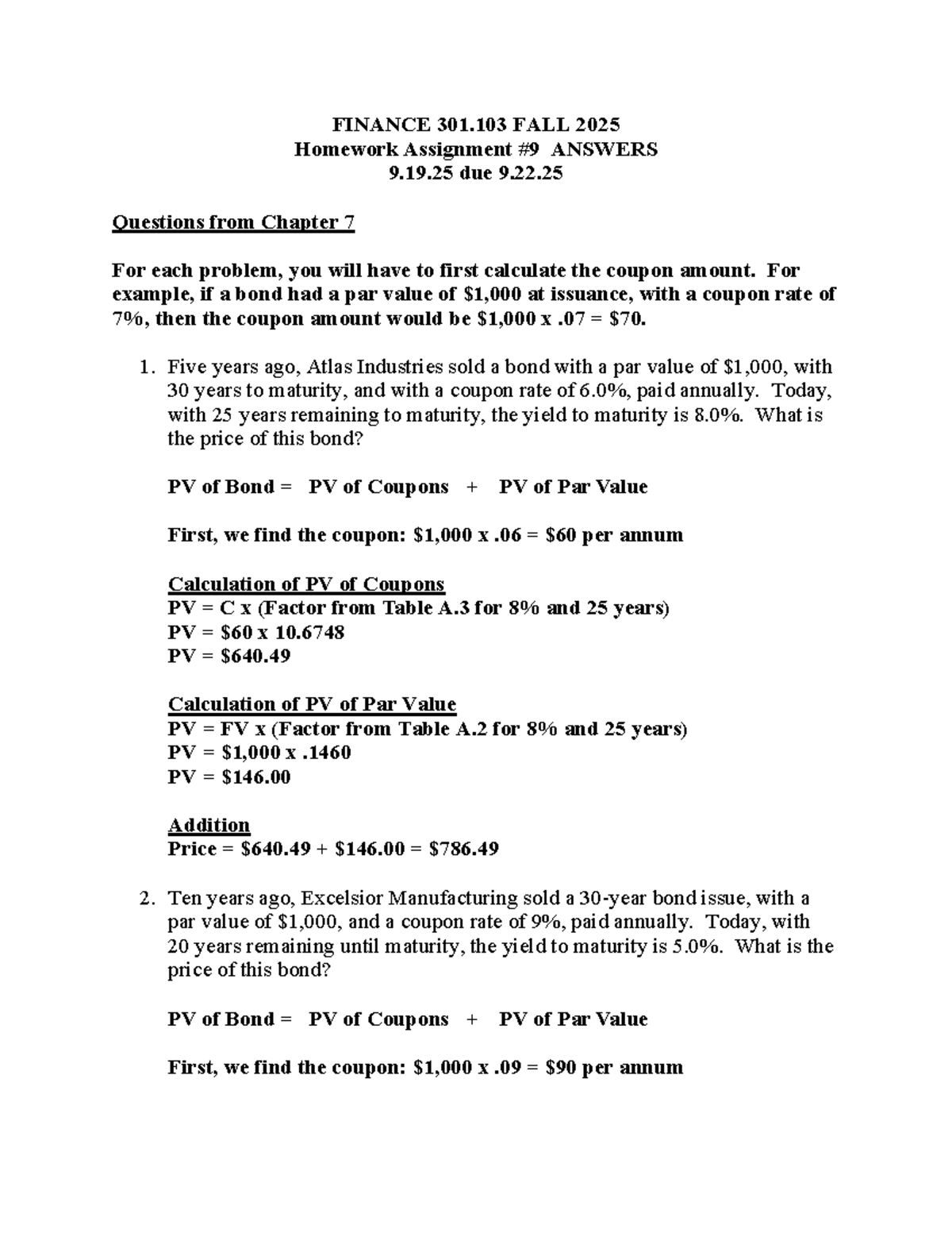 FINANCE 301.103 FALL 2025 - Homework Assignment #9 Solutions - Studocu