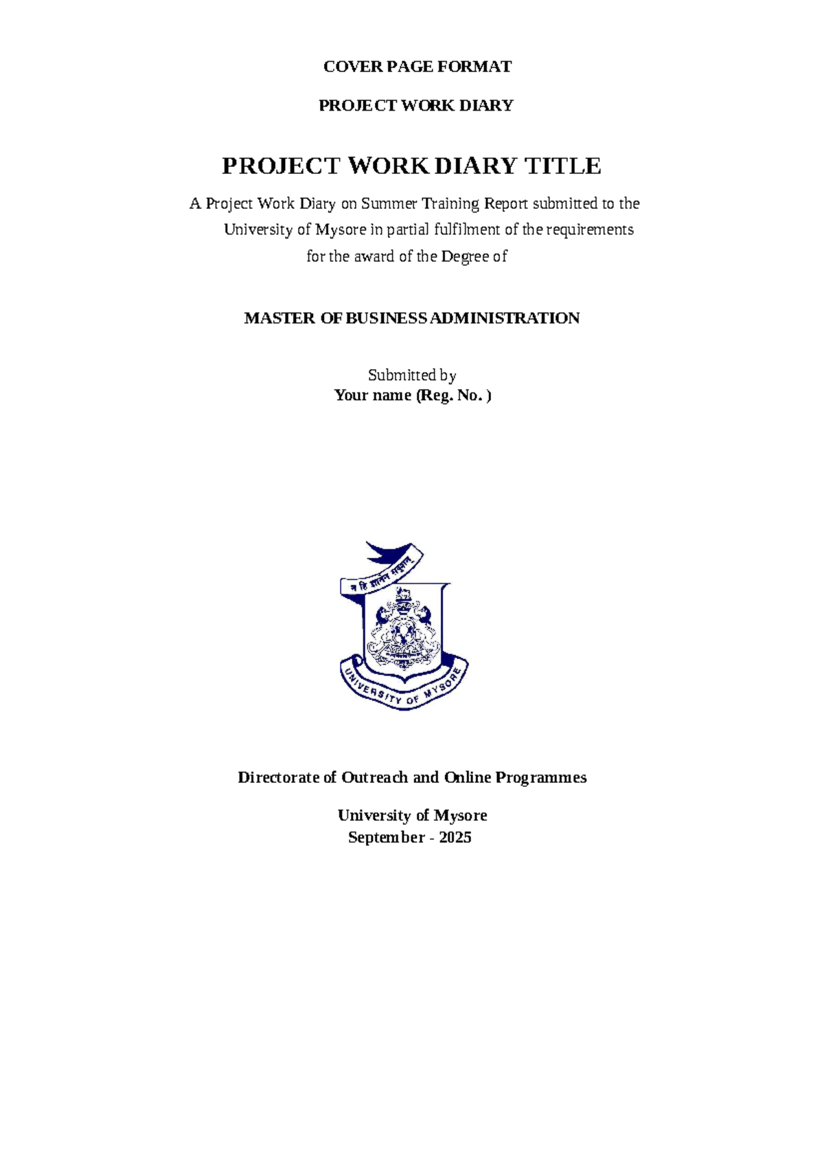 MBA Project Work Diary Format - Summer Training Report 2025 - Studocu